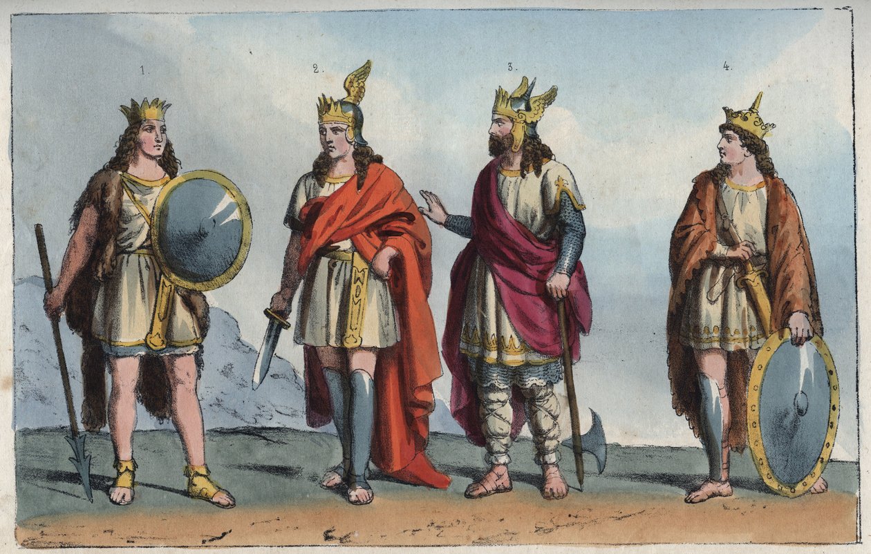 Les Merovingiens - Merovinger-dynasti - Pharamond eller Faramund (- Chlodio (Clodius, Clodion, Cloio eller Chlogio) (Clodion le Chevelu) (ca. 390 - ca. 450) - Merovech (Merovee eller Merowig, ca. 412-457) og Clovis (ca. 466-511” - gravering fra “Usi e Cost af Anonymous Anonymous