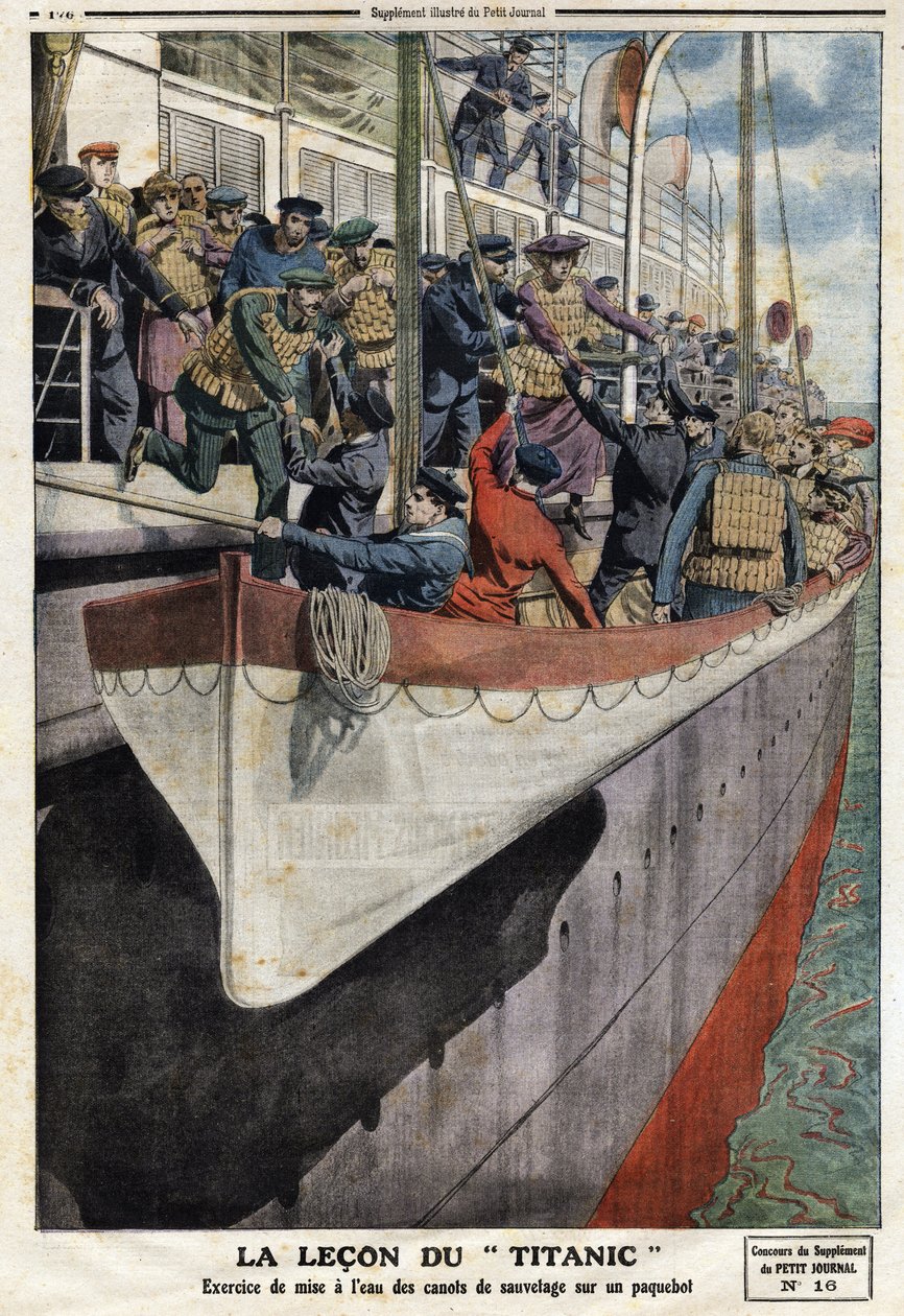 Redningsbådøvelse ombord på en liner, efter RMS Titanics forlis, den 15. april 1912, Illustration fra den franske avis Le petit Journal, 2. juni af Anonymous Anonymous