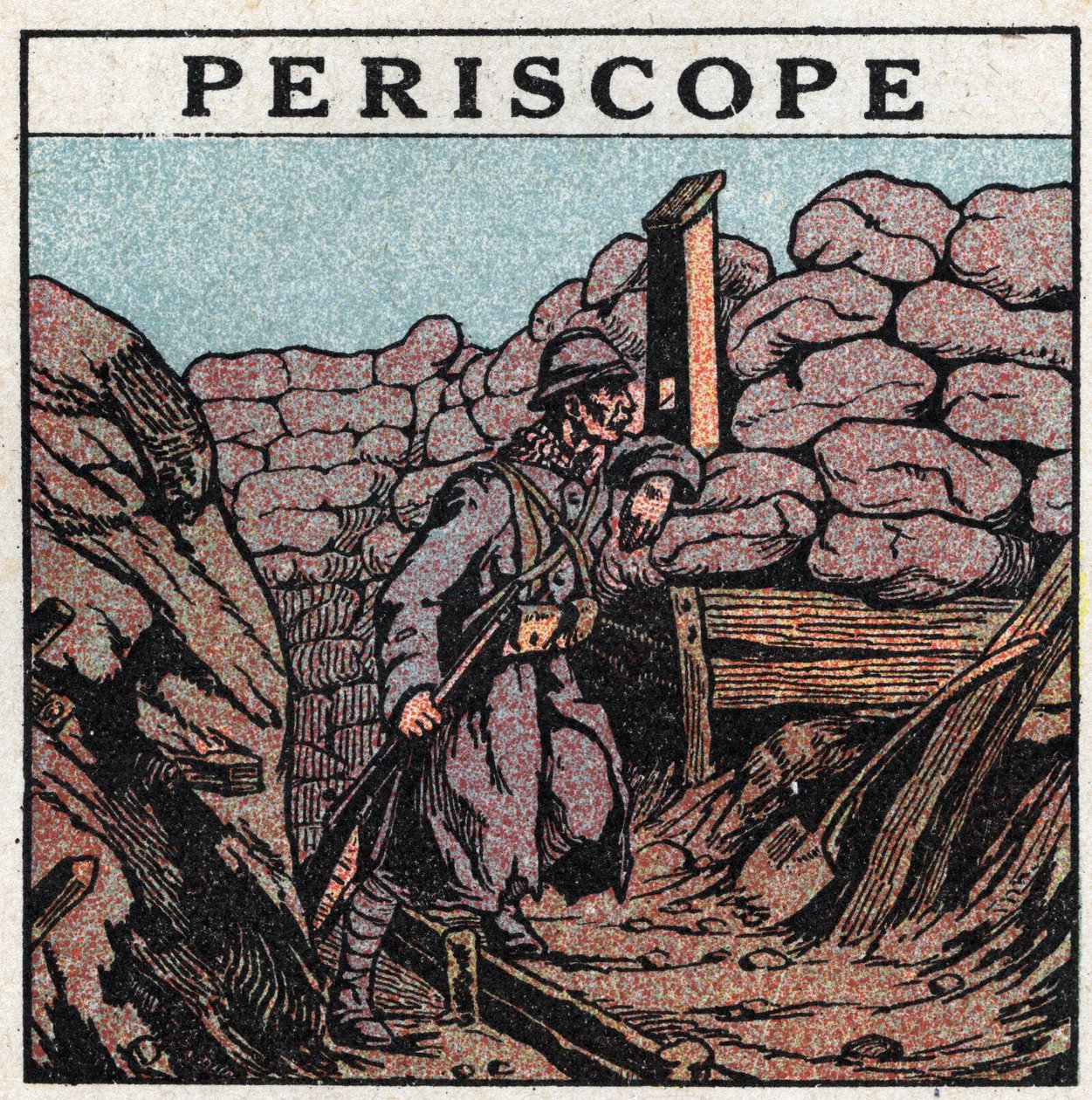 Lysrefleksion: periskop brugt i en skyttegrav af en behåret under Første Verdenskrig (1914-1918). Anonym illustration fra 1925. Privat samling. af Anonymous Anonymous