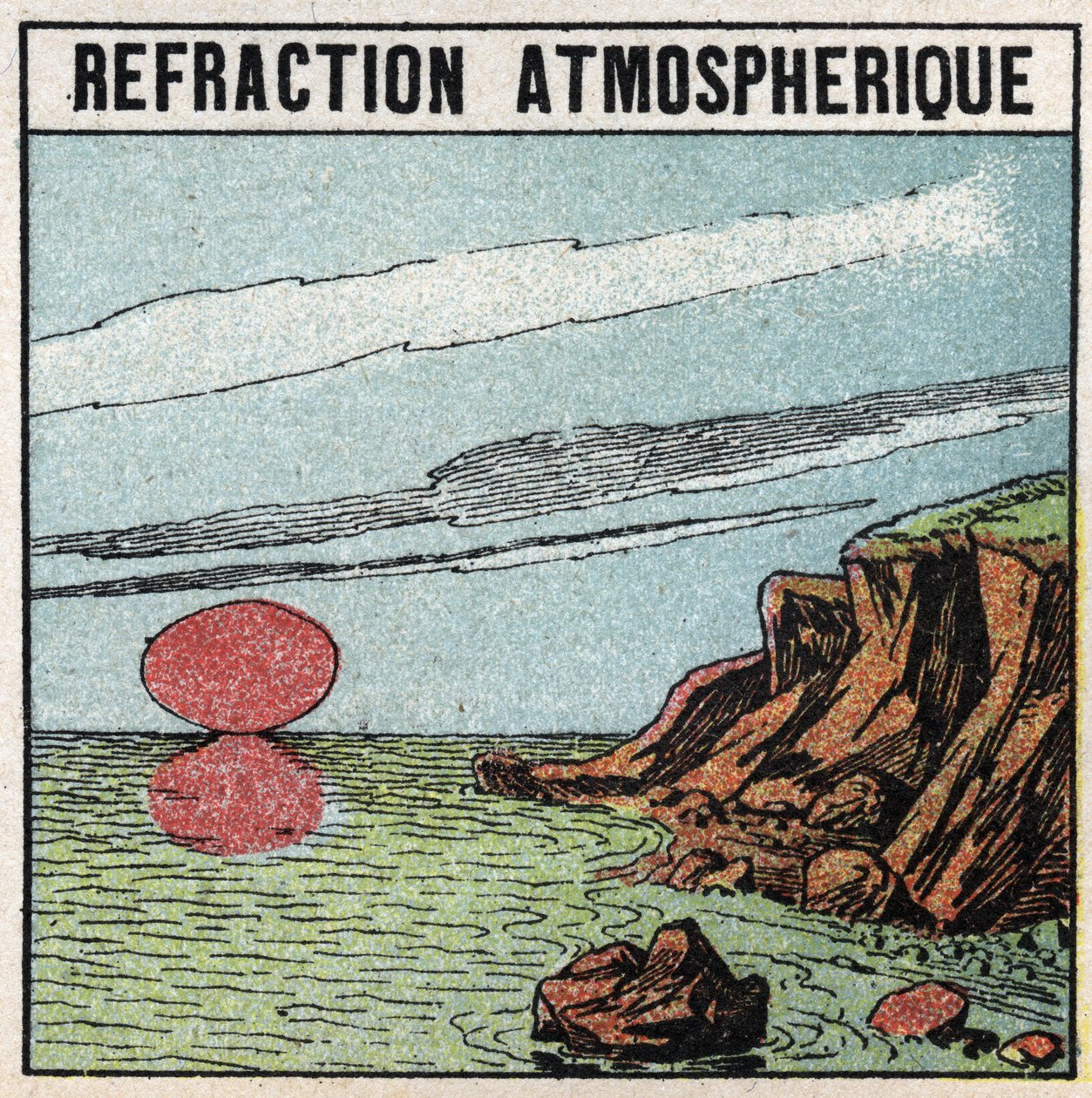 Lysbrydning: Atmosfærisk brydning giver den illusion, at solen er større ved opgang eller solnedgang end ved zenit. Anonym illustration fra 1925. Privat samling. af Anonymous Anonymous