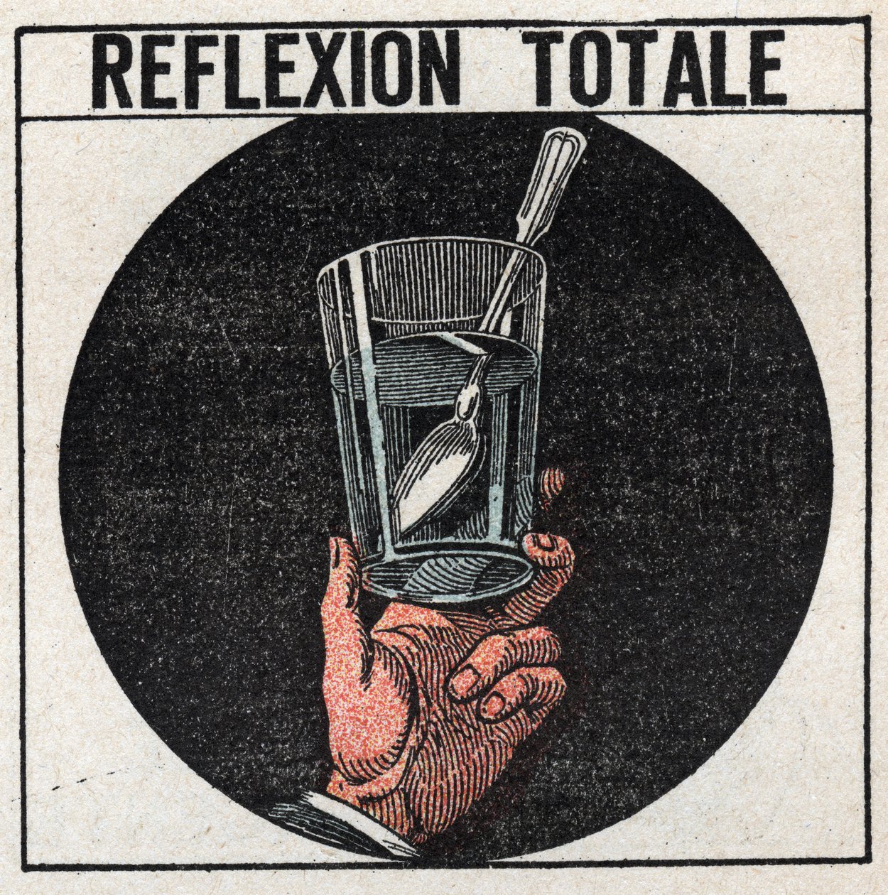 Lysbrydning: total refleksion observeret med en sølvske i et glas vand. Ser vi nede fra vandoverfladen, ser vi billedet af skeen som i et spejl. Anonym illustration fra 1925. Privat samling. af Anonymous Anonymous