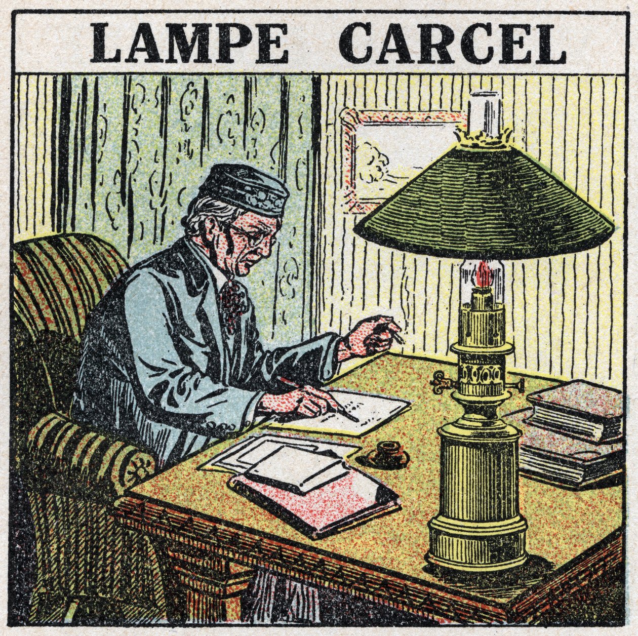 Lyskilder: Carcel lampe, opfundet af Guillaume Carcel (1750-1812) og ved hjælp af vegetabilsk olie. Anonym illustration fra 1925. Privat samling. af Anonymous Anonymous