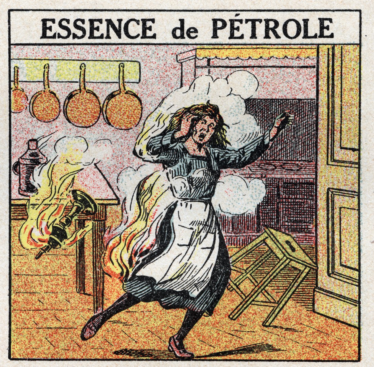 Lyskilder: en kvinde brød i brand, mens hun manipulerede en lampe med oliebenzin. Anonym illustration fra 1925. Privat samling. af Anonymous Anonymous
