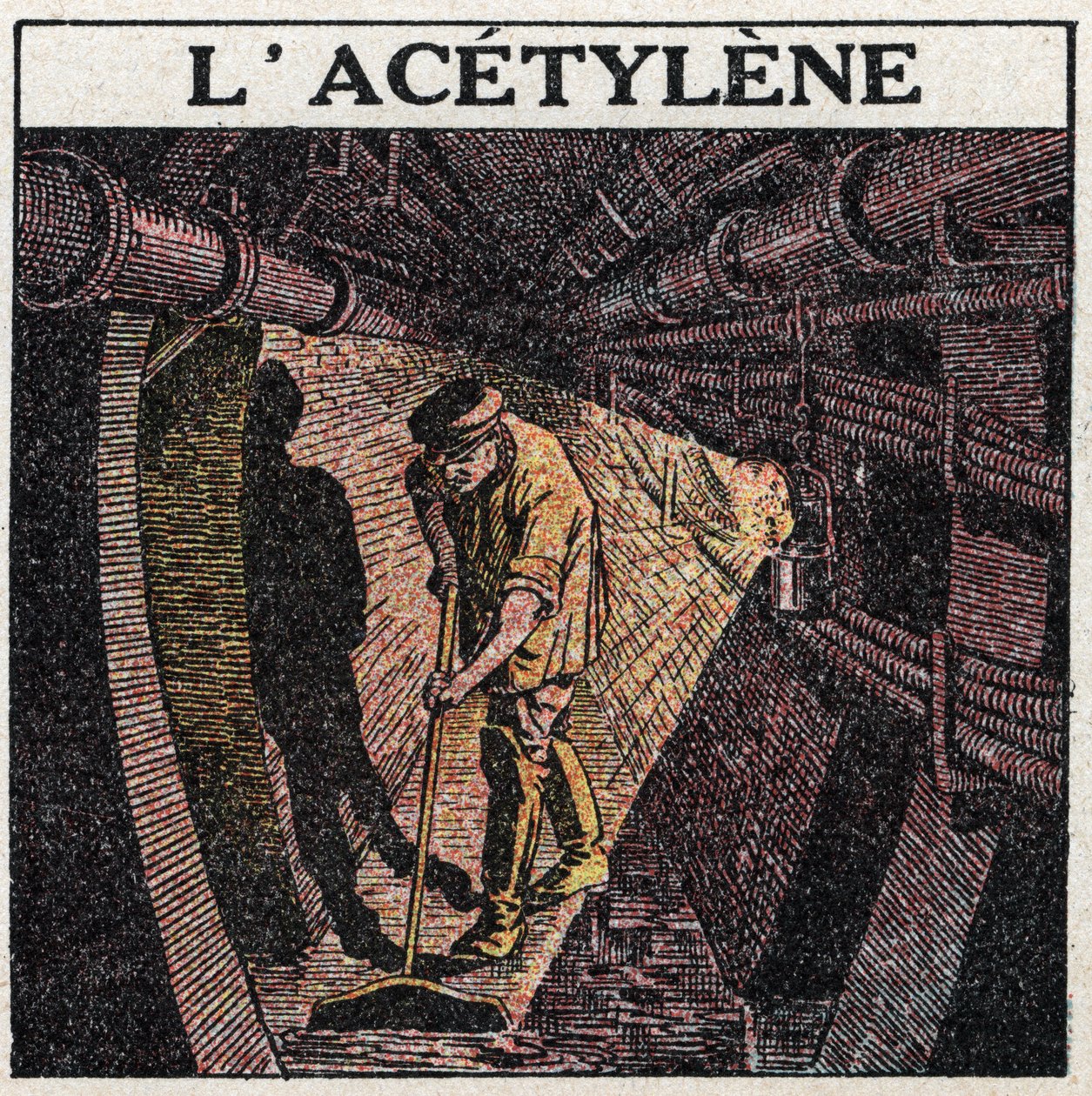 Lyskilder: belysning med acetylen anvendt i tromler. Anonym illustration fra 1925. Privat samling. af Anonymous Anonymous