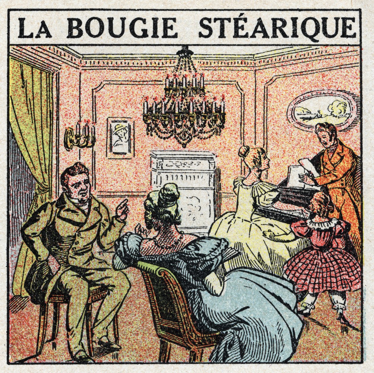 Lyskilder: Stearinlyset brugt på lysekroner i det 19. århundrede. Anonym illustration fra 1925. Privat samling. af Anonymous Anonymous