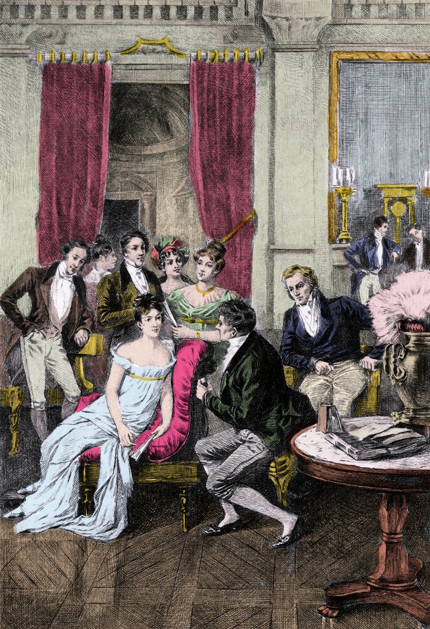 Litterær Salon: "" Rundt om Madame Recamier"" Madame Juliette Recamier (1777-1849) omgivet af litterære og politiske personligheder: Charles Nodier (1780-1844), Francois Rene Viscount de Chateaubriand (1768-1848), Sophie Gay (175276-185276) ), Benjamin Con af Anonymous Anonymous