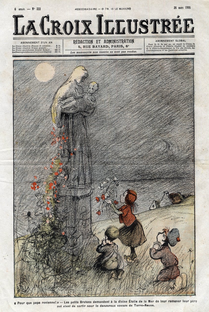 Små bretonere beder havets guddommelige stjerne om at bringe deres far tilbage, som netop er rejst til den farlige rejse i Newfoundland - cover af "La-Croix-Illustree" fra 1905 af Anonymous Anonymous