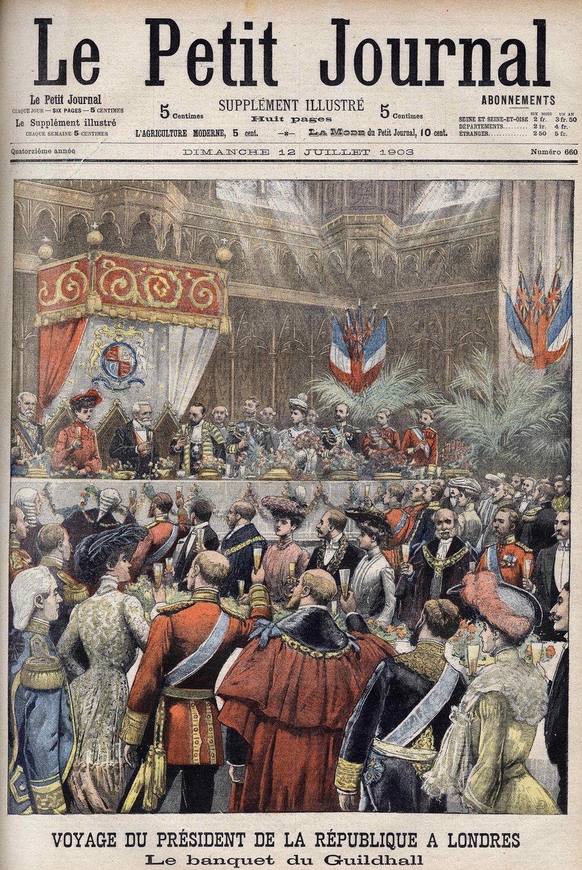 London, Storbritannien. Præsident Loubets rejse. Modtagelse i Guildhall af Sir Marcus Samuel. Le Petit Journal, juli 1903 (gravering) af Anonymous Anonymous