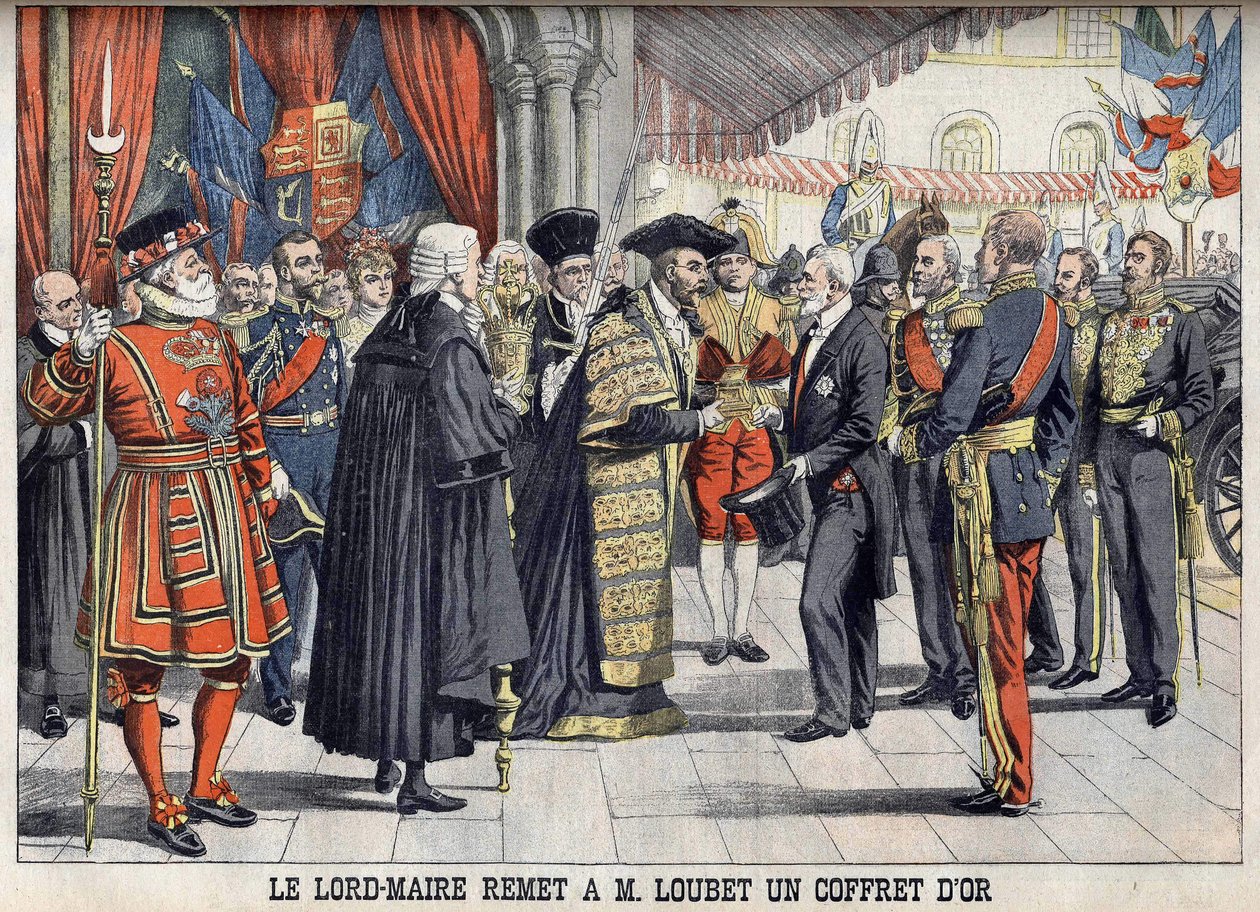London, Storbritannien. Sir Marcus Samuel overrækker præsident Emile Loubet en guldæske efter receptionen i Guildhall. Le petit Journal, juli 1903. af Anonymous Anonymous