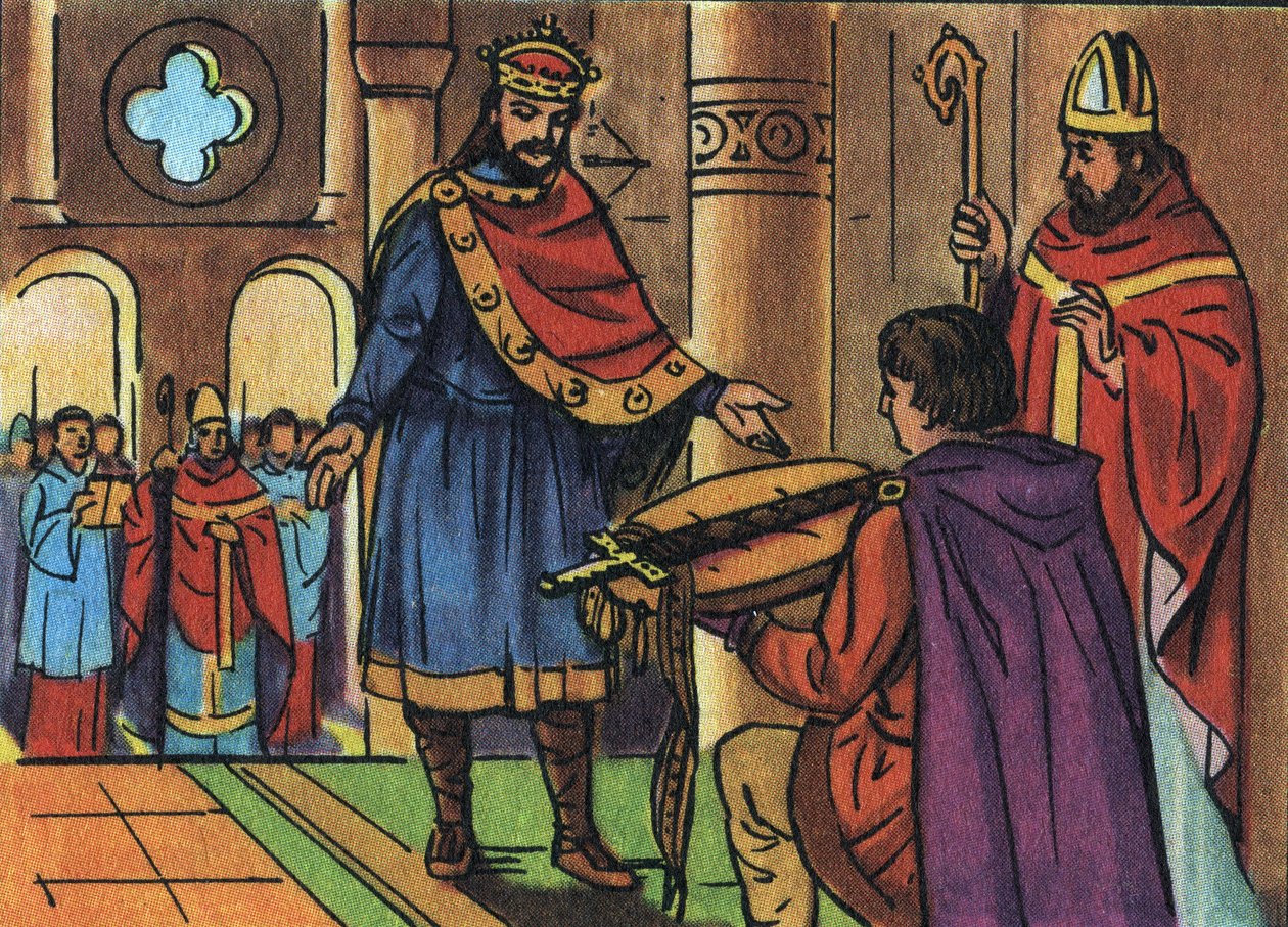 Ludvig 1. den fromme eller debonnaire (778-840) vendte tilbage til besiddelse af sit sværd konfiskeret af præsteskabet. Anonym illustration i "" Collection des souverains et chefs d