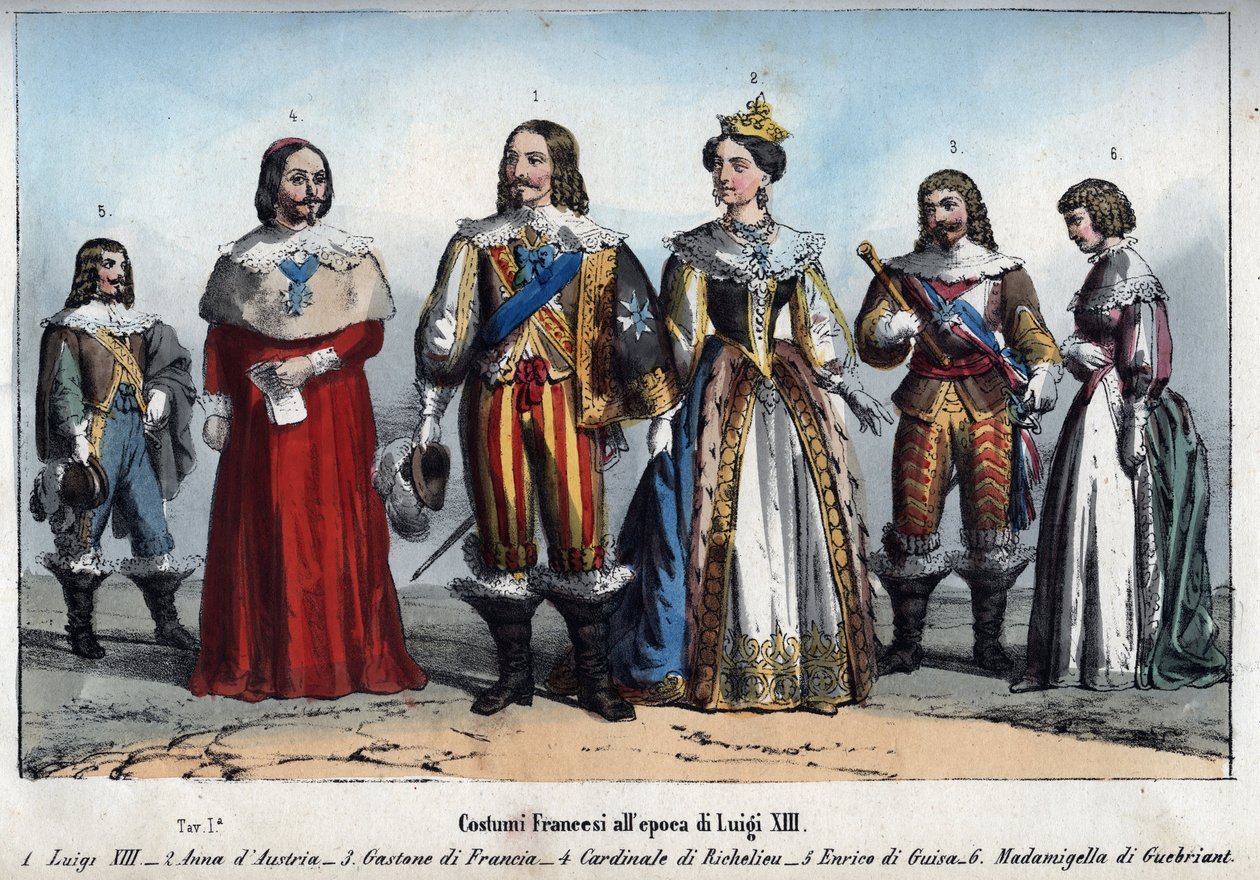 Ludvig XIII - Anne af Østrig (1601-1666) (Anne af Østrig) - Gaston af Frankrig (Gaston, hertug af Orleans) - Armand Jean du Plessis, kardinal de Richelieu - Henrik II af Guise (Henry II, hertug af Guise) Anne -Marie Budes de Guebriant - gravering fra “” Us af Anonymous Anonymous