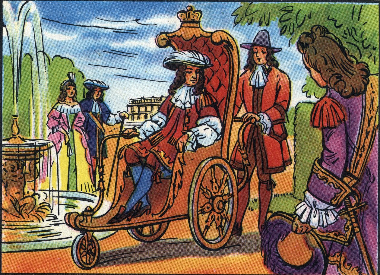 Ludvig XIV har promenaden, Kongen af Frankrig Ludvig XIV (1638-1715), siddende på en kørestol, gående i Versailles park. Anonym illustration i "" Collection des souverains et chefs d