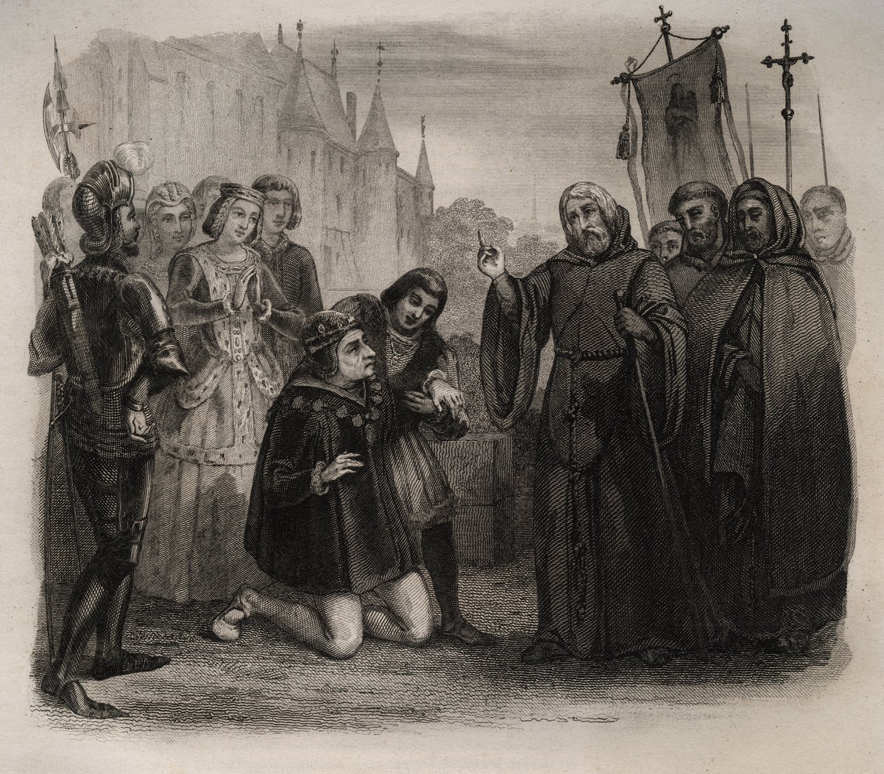 Ludvig XI (1423-1483) beder om hans guerison til Francois de Paule (1416-1507) Indgravering af 1846 i "De helliges liv"". Privat samling. af Anonymous Anonymous