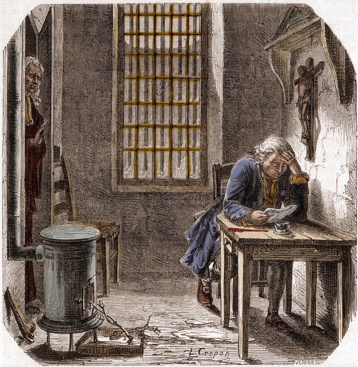 Ludvig XVI (1754-93) Læser sin sidste vilje og testamente i templet 1792 - Ludvig XVI læser sit testamente i templets tårn den 25. december 1792 - Indgravering i "Histoire des Girondins" af Alphonse de Lamartine (1790-1869) 1865-1866 - Private collecti af Anonymous Anonymous