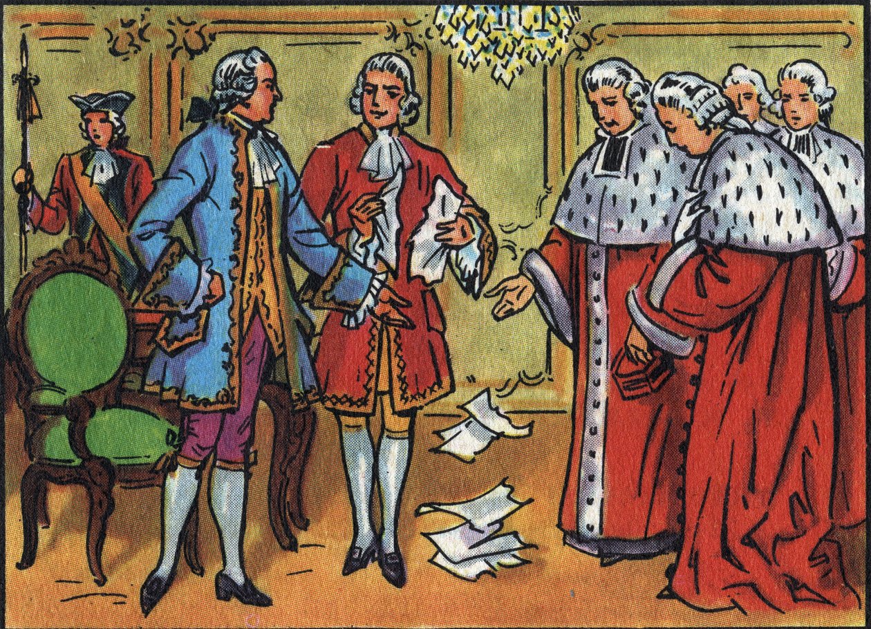 Ludvig XV (1710-1774), konge af Frankrig, nedbryder parlamentets afgørelser. Anonym illustration i ""Samling af Frankrigs suveræner og statsoverhoveder"". 20. århundrede. Privat samling. af Anonymous Anonymous