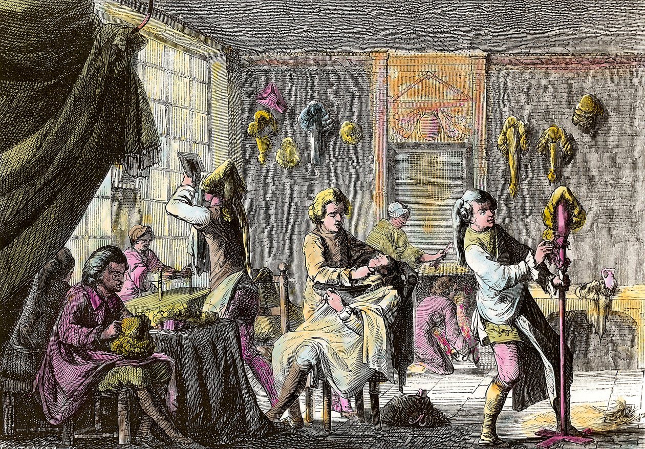 Louis XV-mode: udsigt over det indre af en parykfrisør. Stik omkring 1755. Privat samling af Anonymous Anonymous