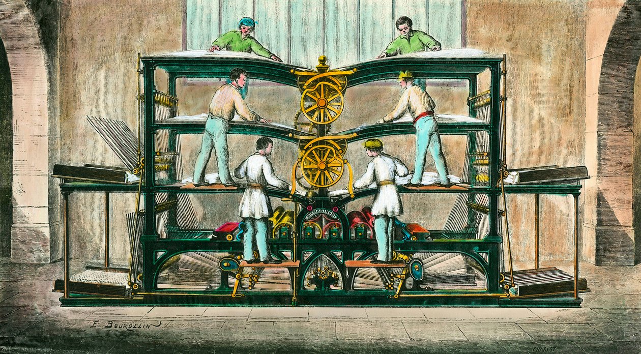 Maskine til at trykke den lille avis”” opfundet af Hippolyte-Auguste Marinoni (1823-1904)”” Han opfandt en roterende presse i 1866. Gravering fra 1868. Privat samling af Anonymous Anonymous