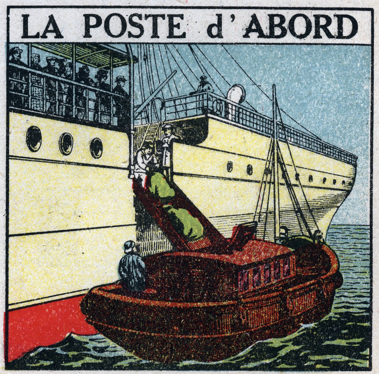 Post: skib, der leverer post om bord på et linjeskib (post først). Anonym illustration fra 1925. Privat samling. af Anonymous Anonymous