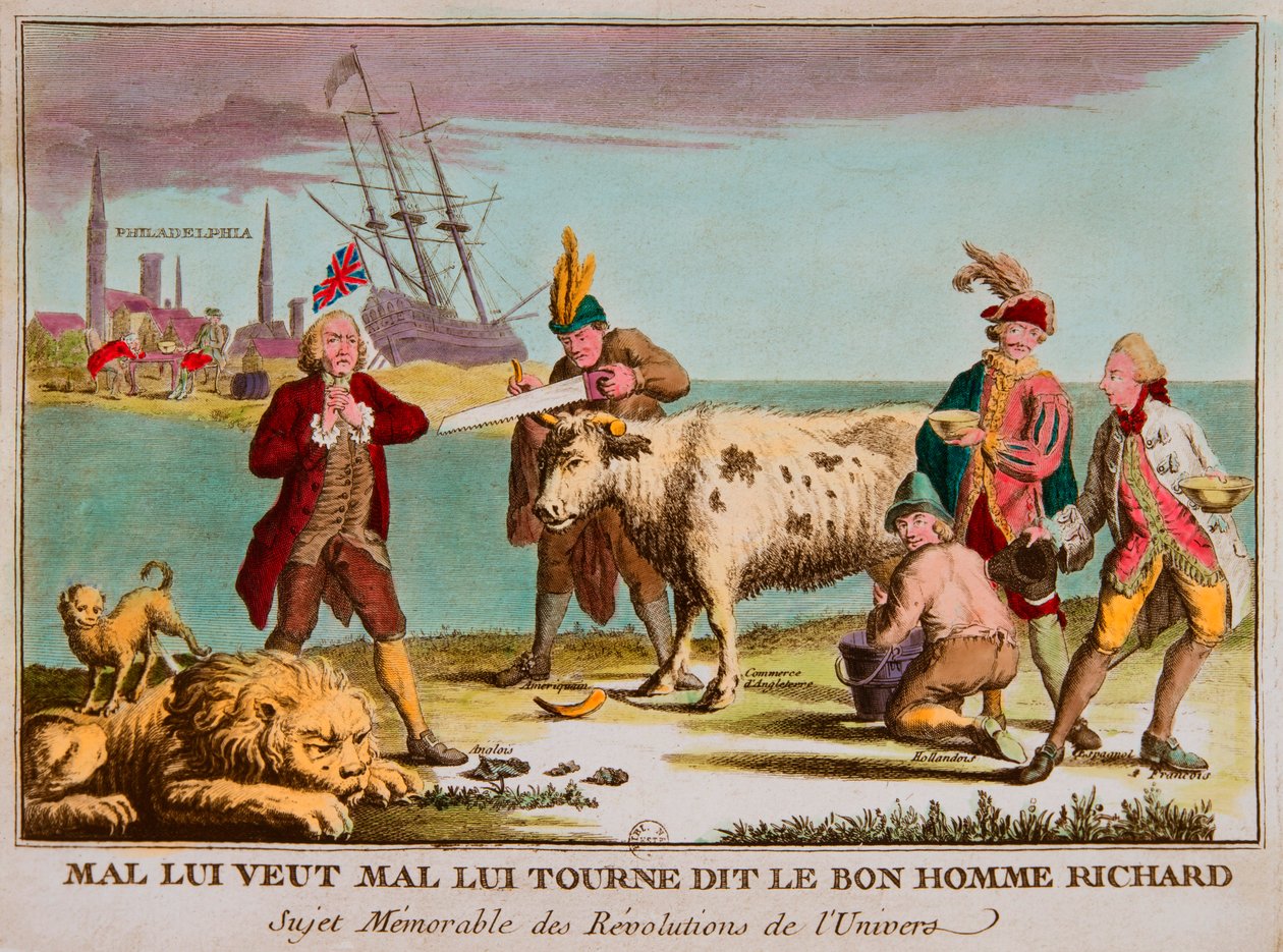 Mal vil have ham forkert, sagde den gode mand richard Mindeværdigt emne for universets revolutioner. Tegnefilm mod England. 1780, Privee Collection (britisk handel som en mælkeko. Billeder inkluderer: Storbritannien som en sovende løve; Continental Congres af Anonymous Anonymous