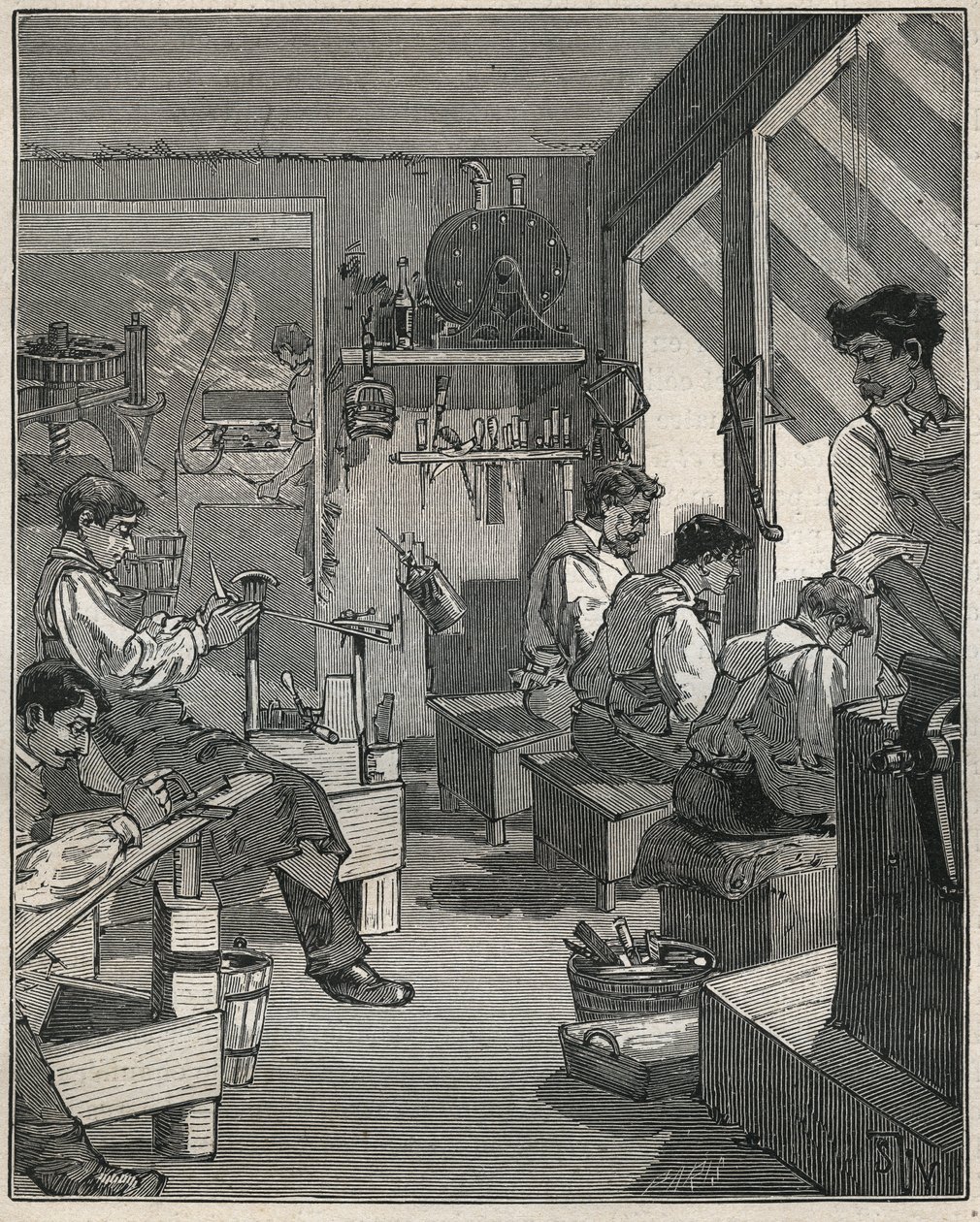 Fremstilling af kamme på et værksted i Frankrig i det 19. århundrede. Indgravering fra 1885 i "" Les arts et metiers illustres"" af Adolphe BITARD. af Anonymous Anonymous