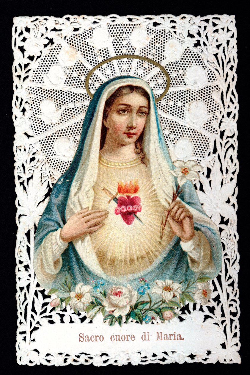 Mater dolorosa Sacre hjerte. fromt billede. Kromolitografi har decoupage og dentage. Debut privatsamling fra det 20. århundrede af Anonymous Anonymous
