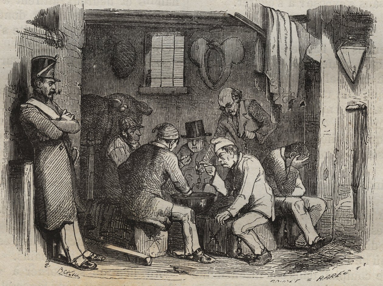 Måltid af de dømte i Rochefort-fængslet i det 19. århundrede. Indgravering i "Fangernes historie fra deres skabelse til i dag"" (1877) af Pierre Zaccone (1817-1895) (Colonia Penale - Straffekoloni). Privat samling. af Anonymous Anonymous