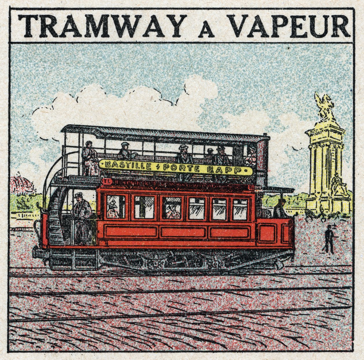 Mekanisk trækkraft: dampsporvogn dukkede op i Paris i slutningen af det 19. århundrede på Bastille-linjen - dør Bapp. Anonym illustration fra 1925. Privat samling. af Anonymous Anonymous