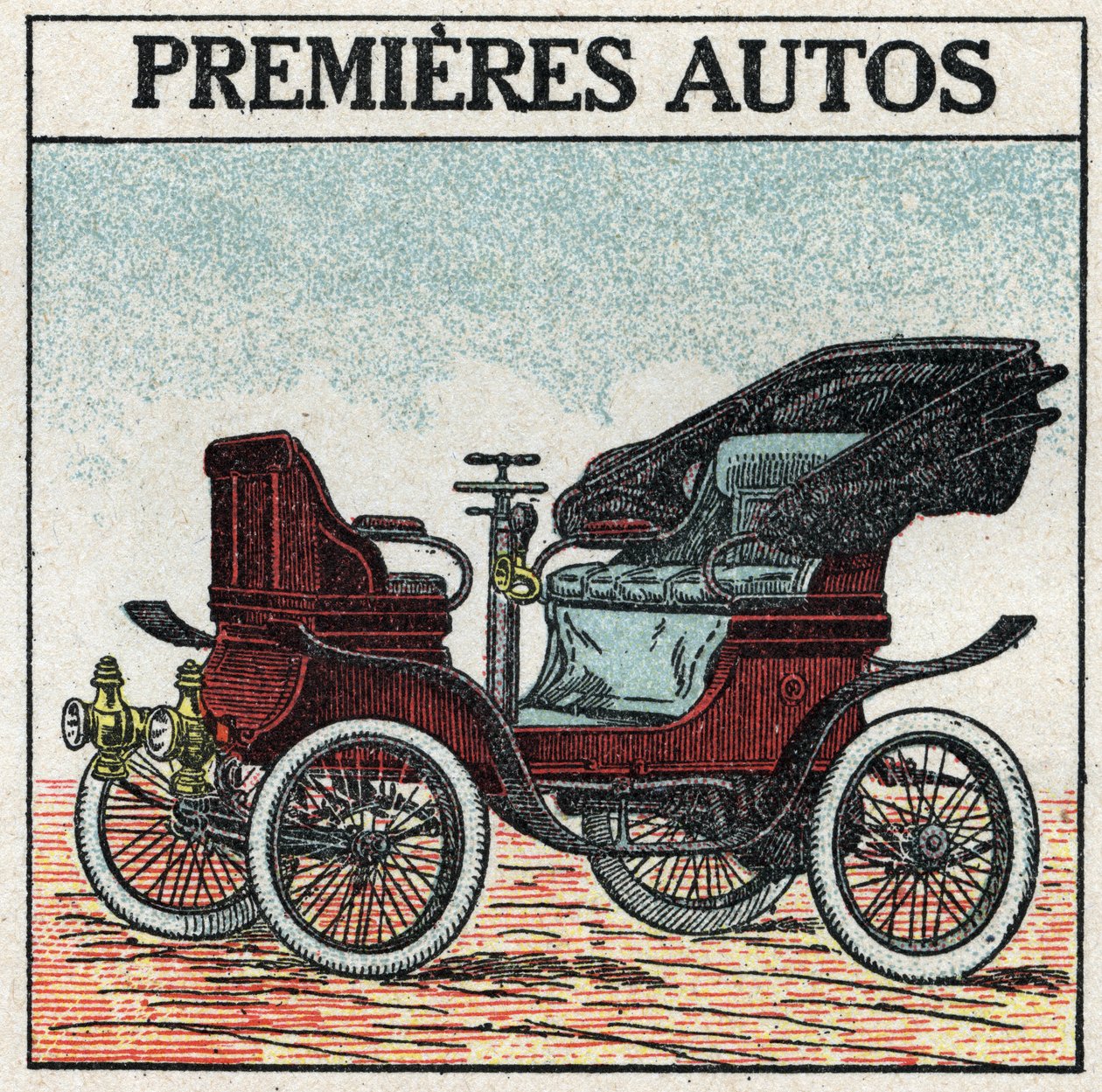 Mekanisk trækkraft: de første benzinbiler opfundet i 1895 af Panhard og Levassor. Anonym illustration fra 1925. Privat samling. af Anonymous Anonymous