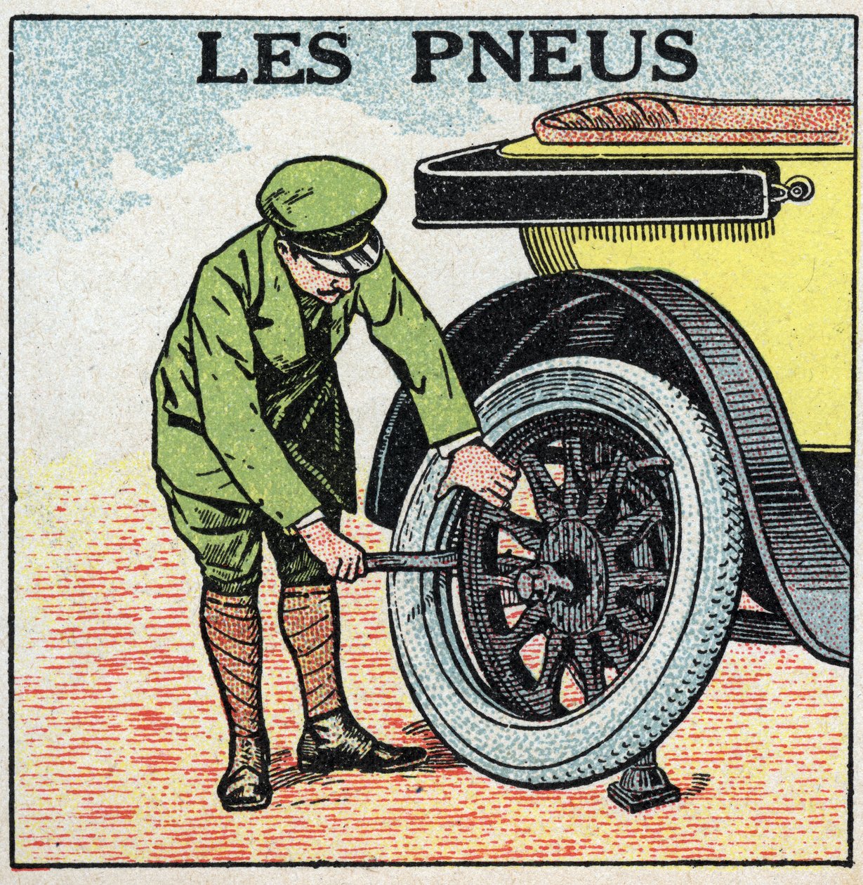 Mekanisk trækkraft: dæk til en bil. Anonym illustration fra 1925. Privat samling. af Anonymous Anonymous