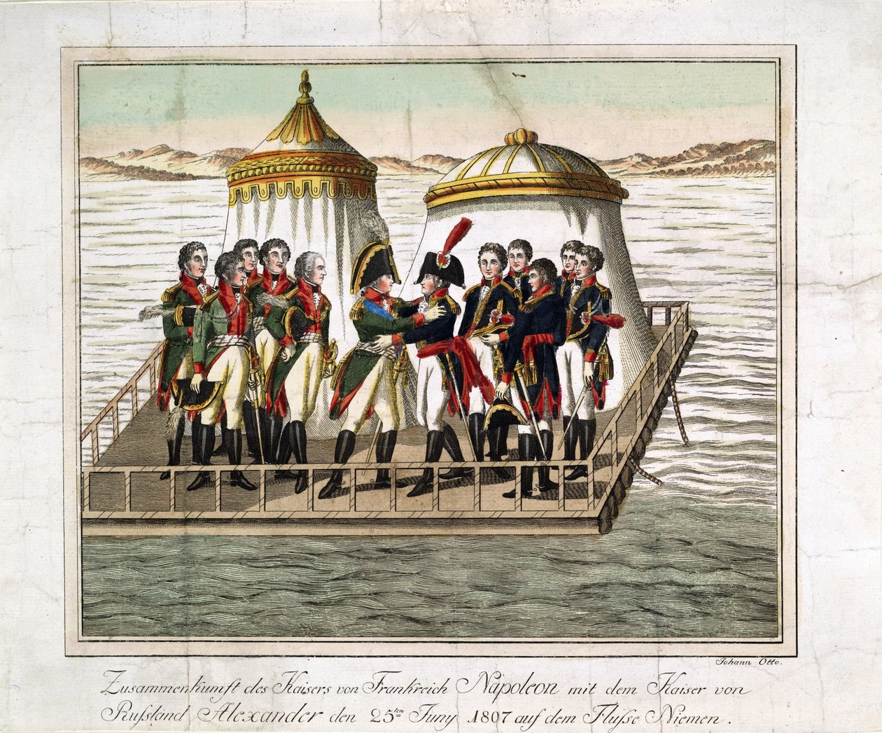 Møde mellem kejserne Alexander I af Rusland og Napoleon I af Frankrig ved Neman nær Tilsit - Anonym - 1807 - Radering, akvarel - 29,7x39,7 - Privat samling af Anonymous Anonymous