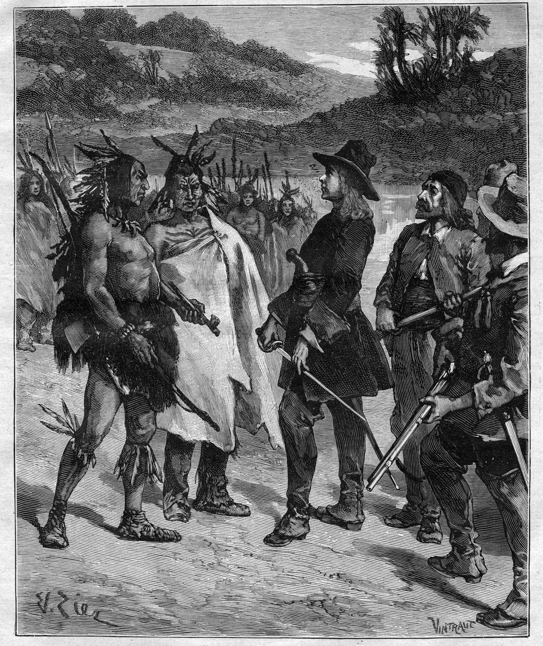 Møde mellem Robert Cavelier de La Salle (1643-1687) med indianerne i Amerika nær Lake Peoria gravering i "Journal des voyages"" fra 1889 af Anonymous Anonymous