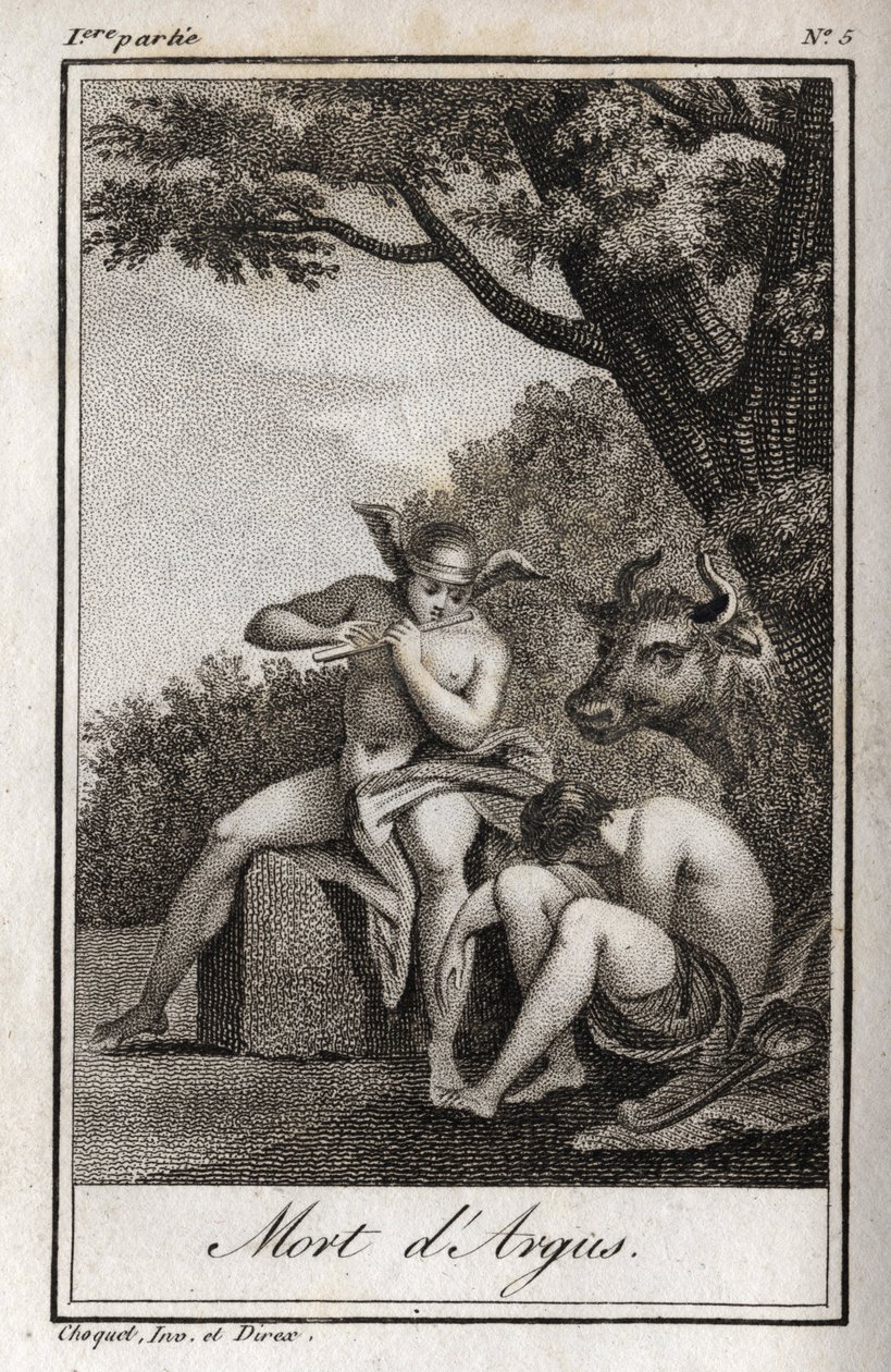 Mercury and Argus (Mercury and Argus). Death of Argus: Mercury spillet af fløjten for at falde i søvn Argus og aflive nymfen Io, forvandlet til en ko. Stik fra 1819 i "Lettres a Emilie sur la mythologie" af Charles Albert Demoustier (1760-1801). af Anonymous Anonymous
