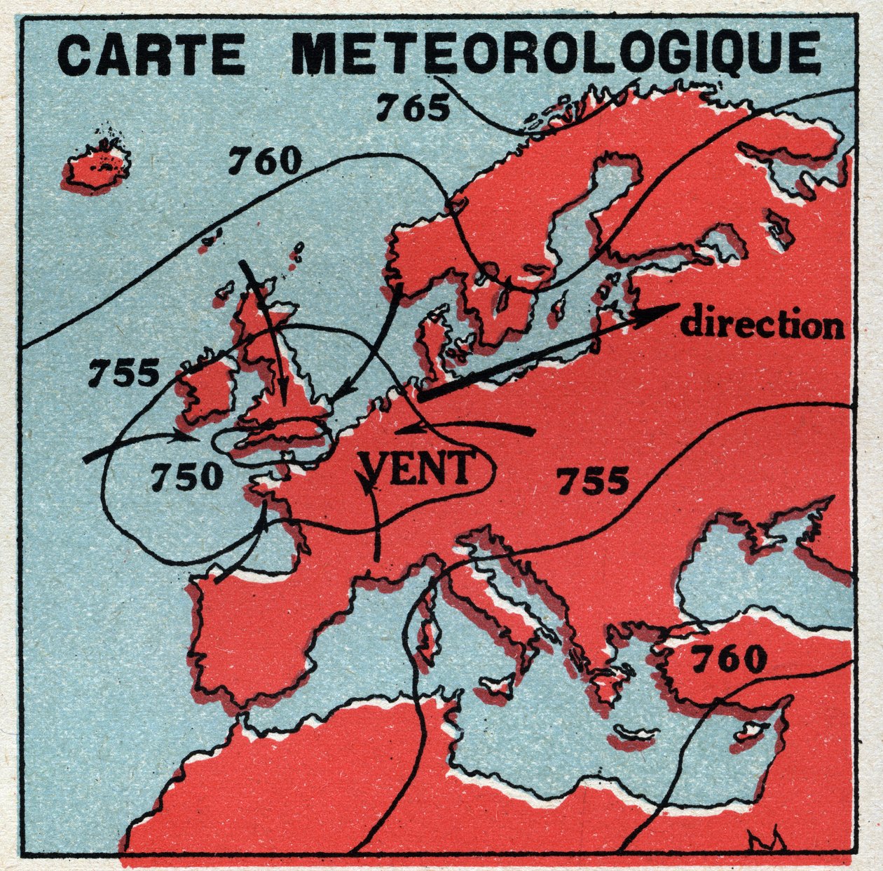 Meteorologi: meteorologisk kort. Anonym illustration af 1925. Privat samling. af Anonymous Anonymous
