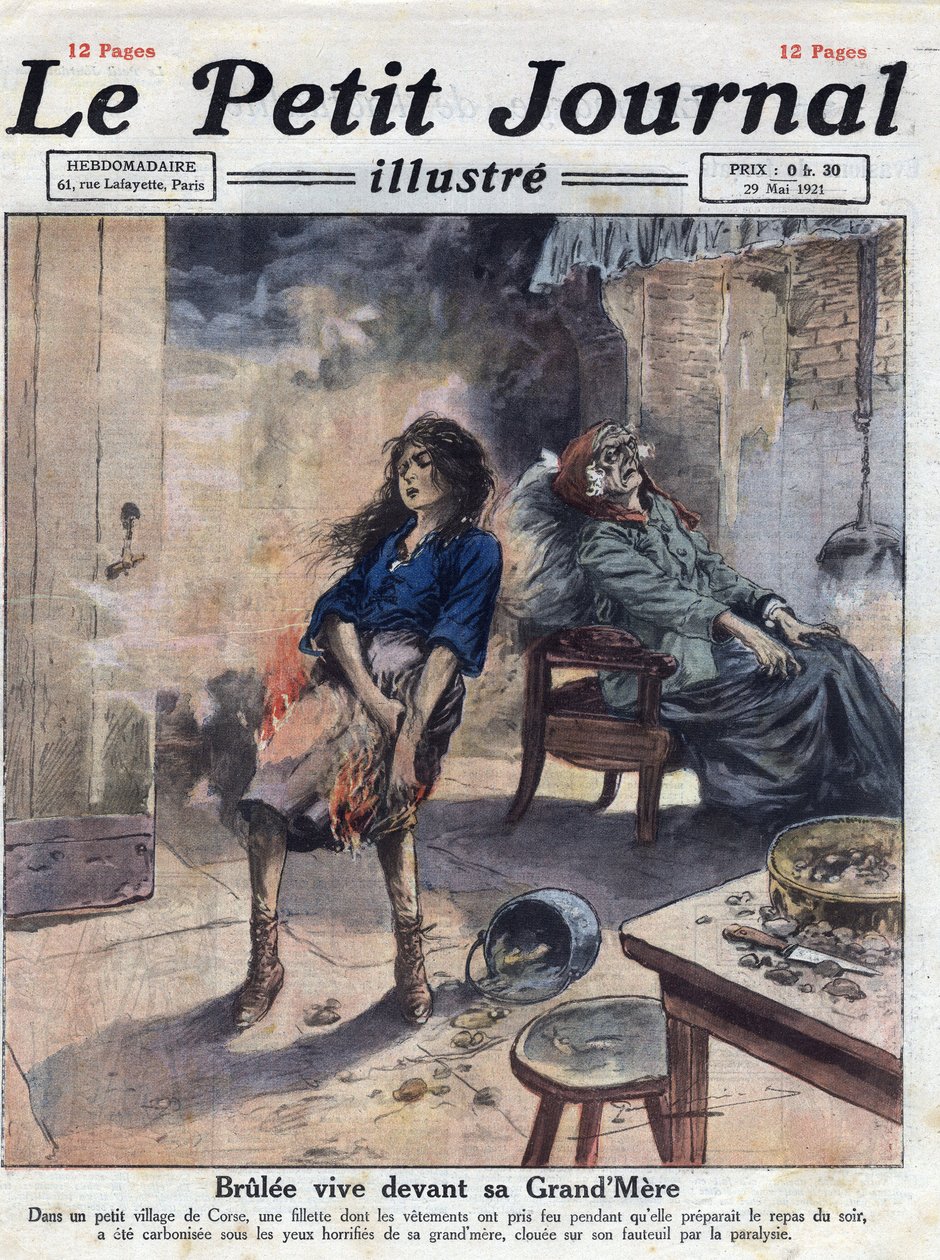 Diverse: En ung piges dramatiske død Brulee bor foran sin lamme bedstemor. Illustration taget fra "" Le petit journal illustrious""" af 29/05/1921. Privat samling af Anonymous Anonymous
