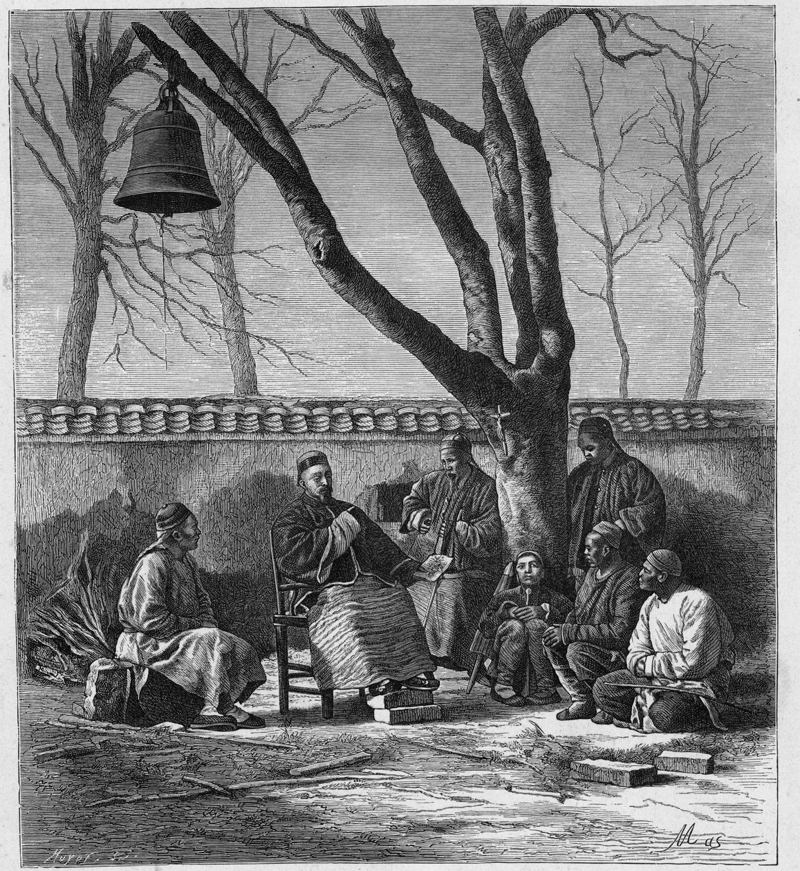 Missionærundervisning i katolsk doktrin i Henan-provinsen (Ho Nan, Ho-Nan), Kina. Indgravering i "The Catholic Missions in the XIXth Century"" af Louis-Eugene (Louis Eugene) Louvet. privat samling. af Anonymous Anonymous