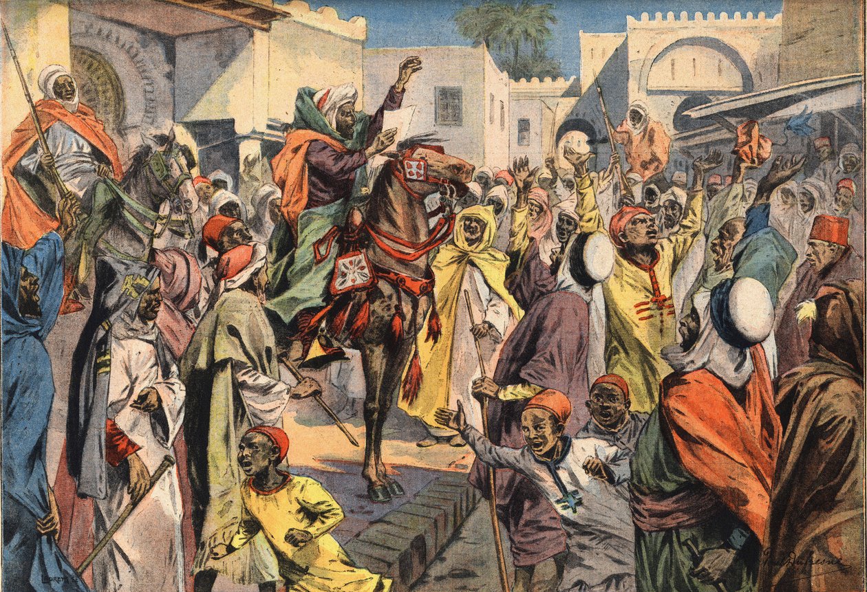 Mouley Hafid (Moulay-Hafid) proklamerer Sultan til Fez: de offentlige råbende annoncerer proklamationen til mængden. Gravering fra avisen "" Le Petite Parisien"", 26/01/1908. Privat samling. af Anonymous Anonymous
