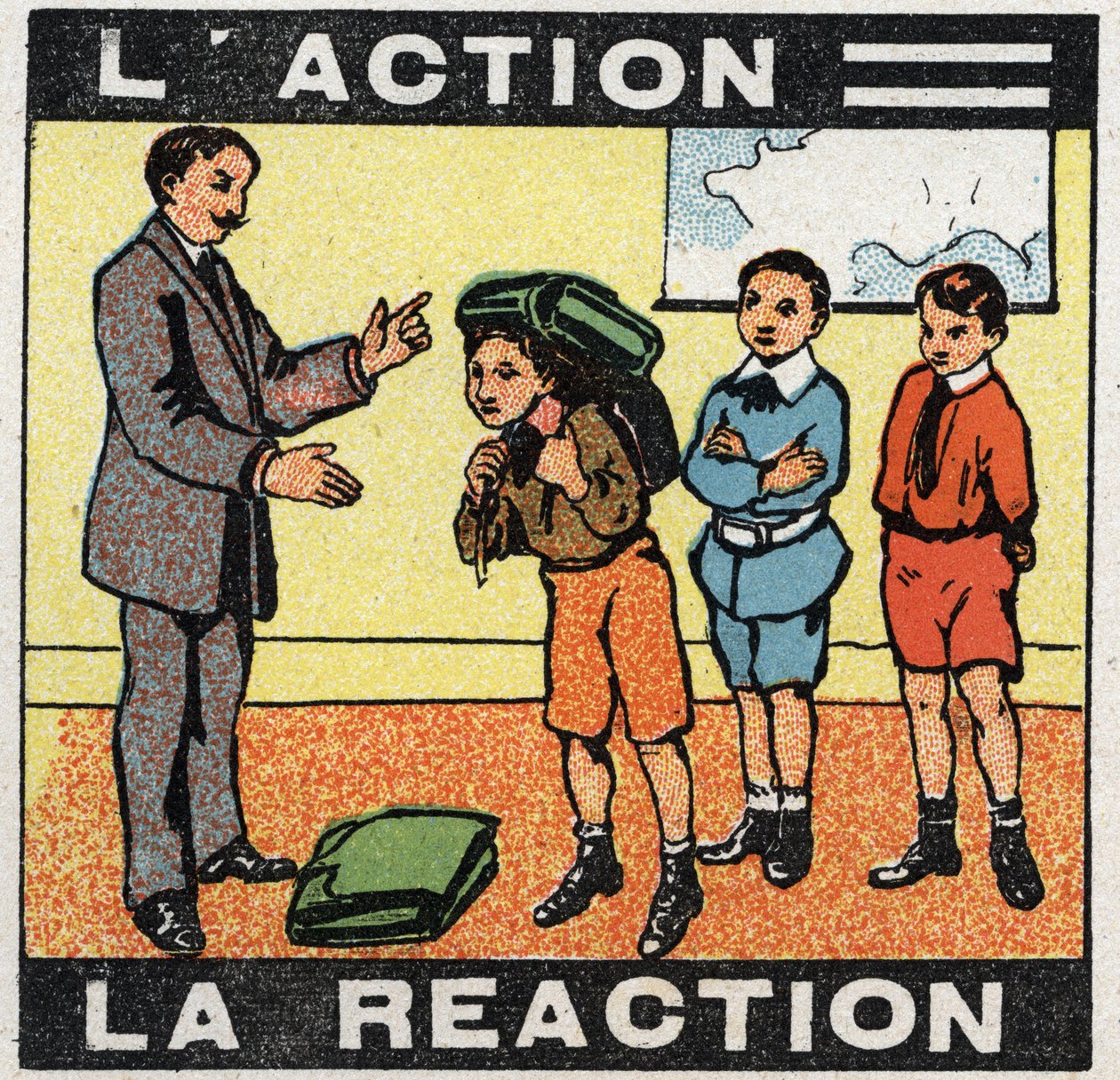 Bevægelser: handling, reaktion. En dreng iført sin taske. Anonym illustration fra 1925. Privat samling. af Anonymous Anonymous