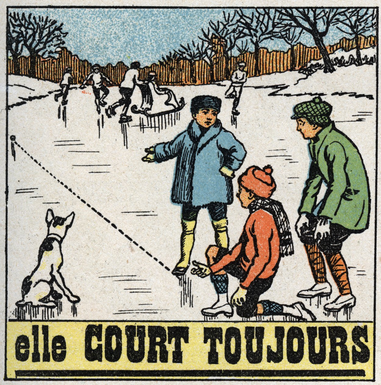 Bevægelser: børn spiller bolde på den frosne is i en dam om vinteren. Anonym illustration fra 1925. Privat samling. af Anonymous Anonymous