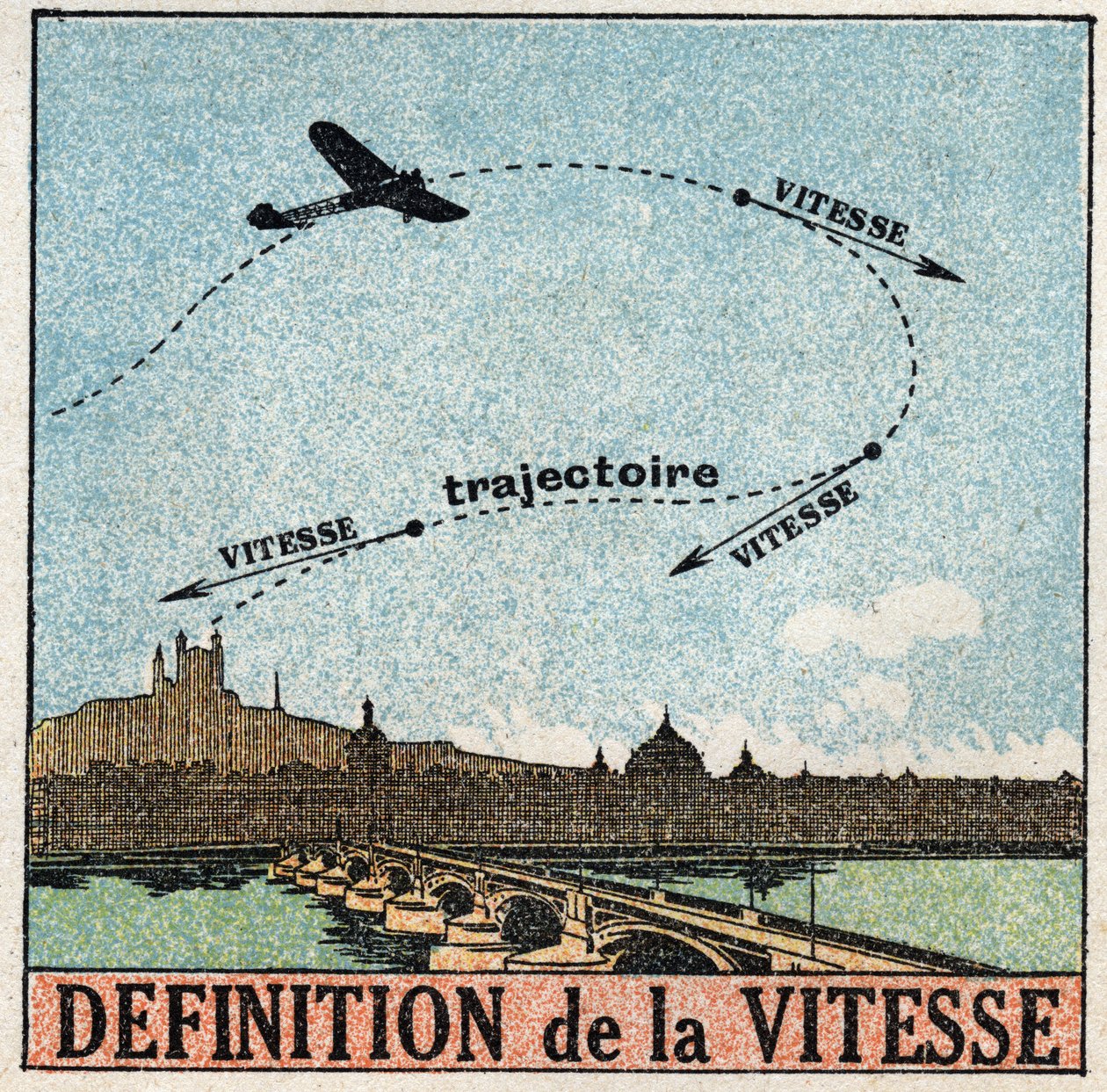Bevægelser: definition af hastighed. Et fly, der flyver over en by. Anonym illustration fra 1925. Privat samling. af Anonymous Anonymous