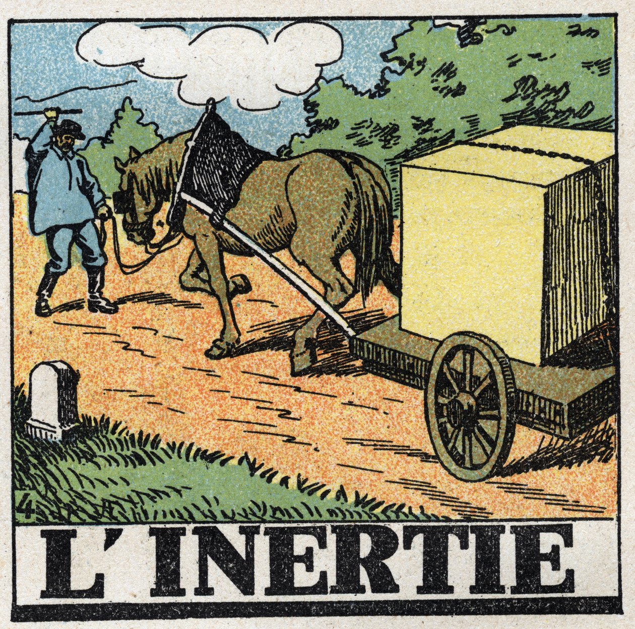 Bevægelser: inerti. En vognmand giver piskeslag for at flytte sin hest fremad. Anonym illustration fra 1925. Privat samling. af Anonymous Anonymous