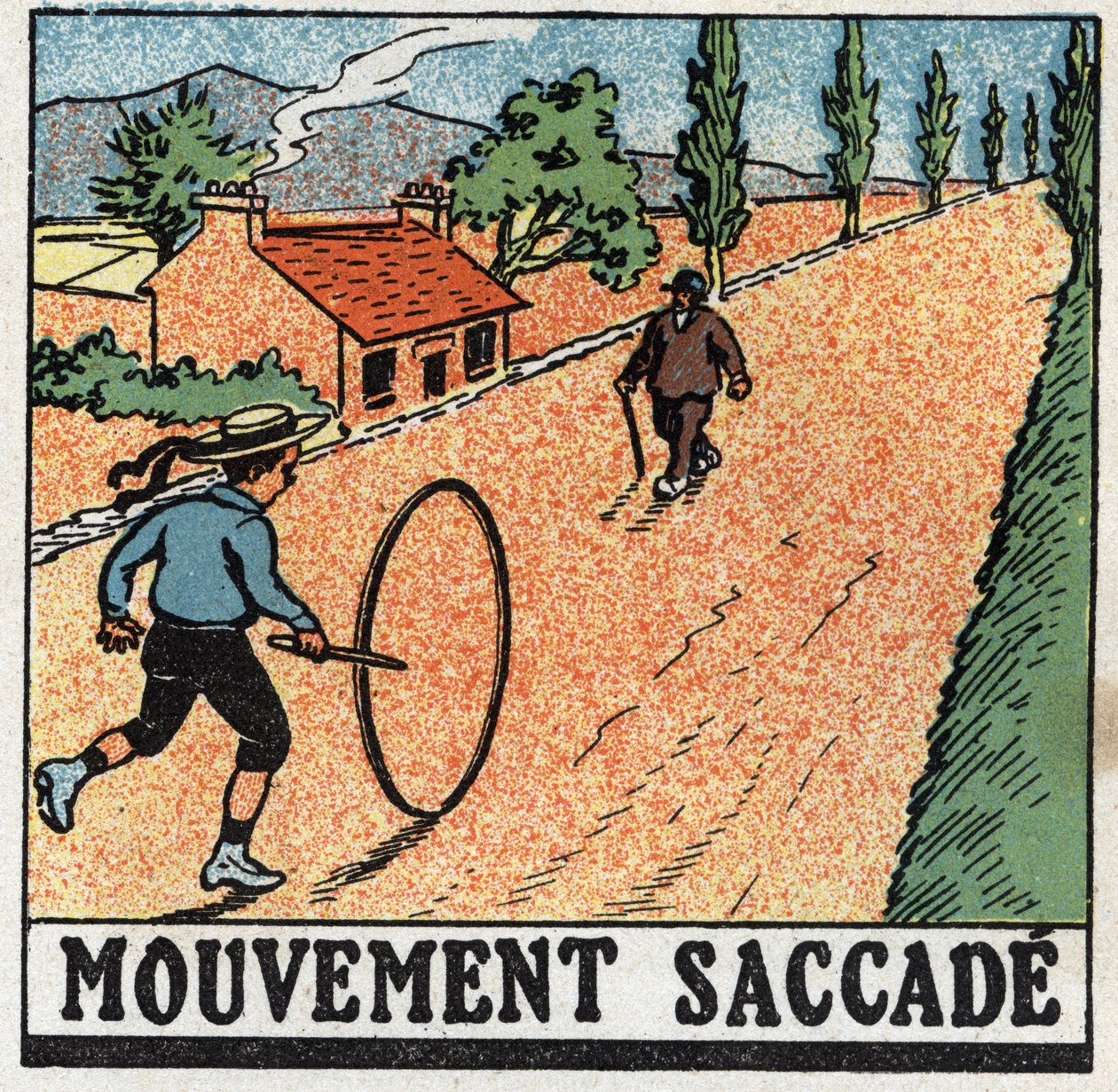 Bevægelser: rykkende bevægelse. Et barn leger med en bøjle. Anonym illustration fra 1925. Privat samling. af Anonymous Anonymous
