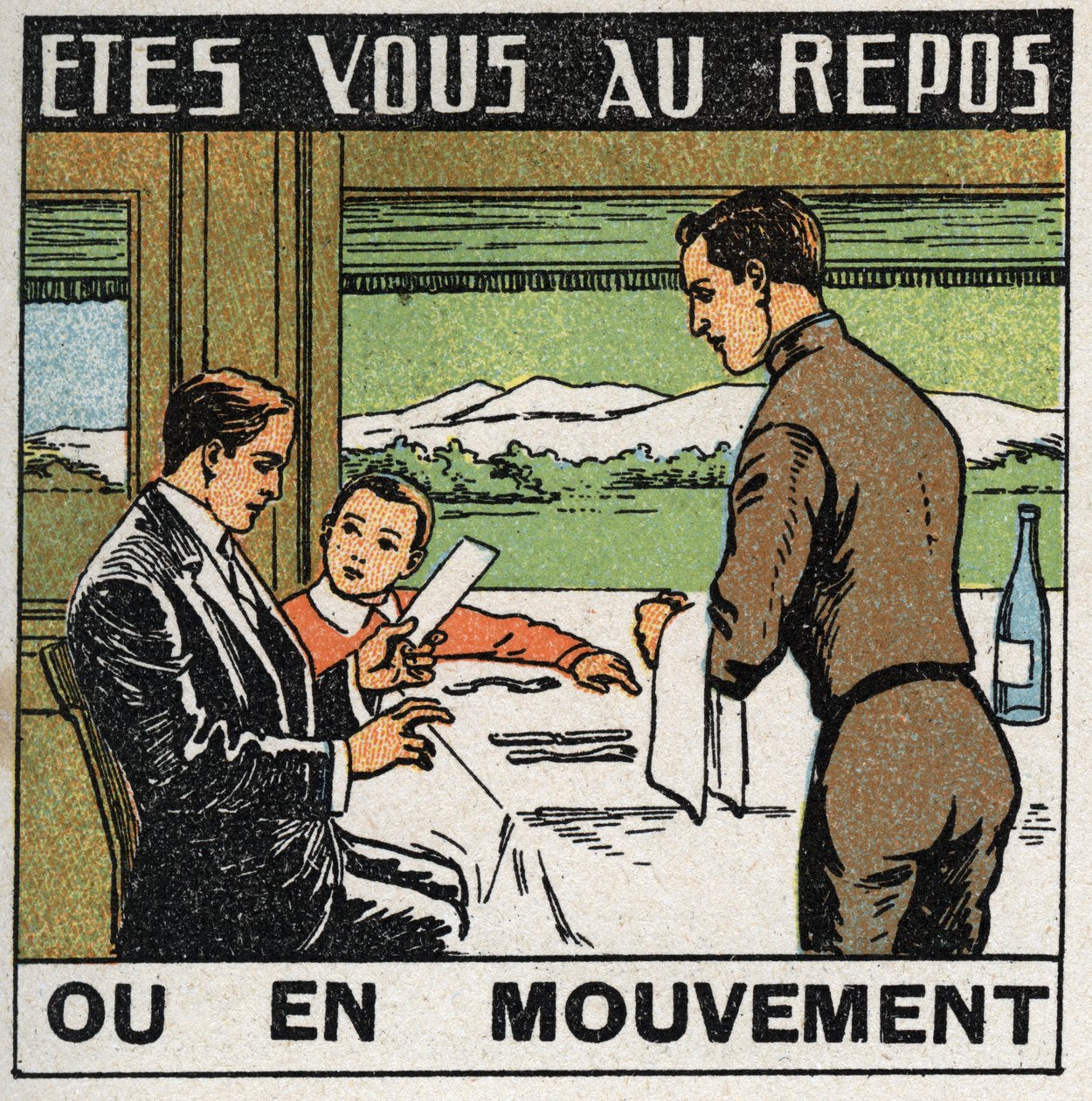 Bevægelser: scene i restauranten på et tog, hvor passagerer ikke bevæger sig, mens toget bevæger sig fremad. Anonym illustration fra 1925. Privat samling. af Anonymous Anonymous