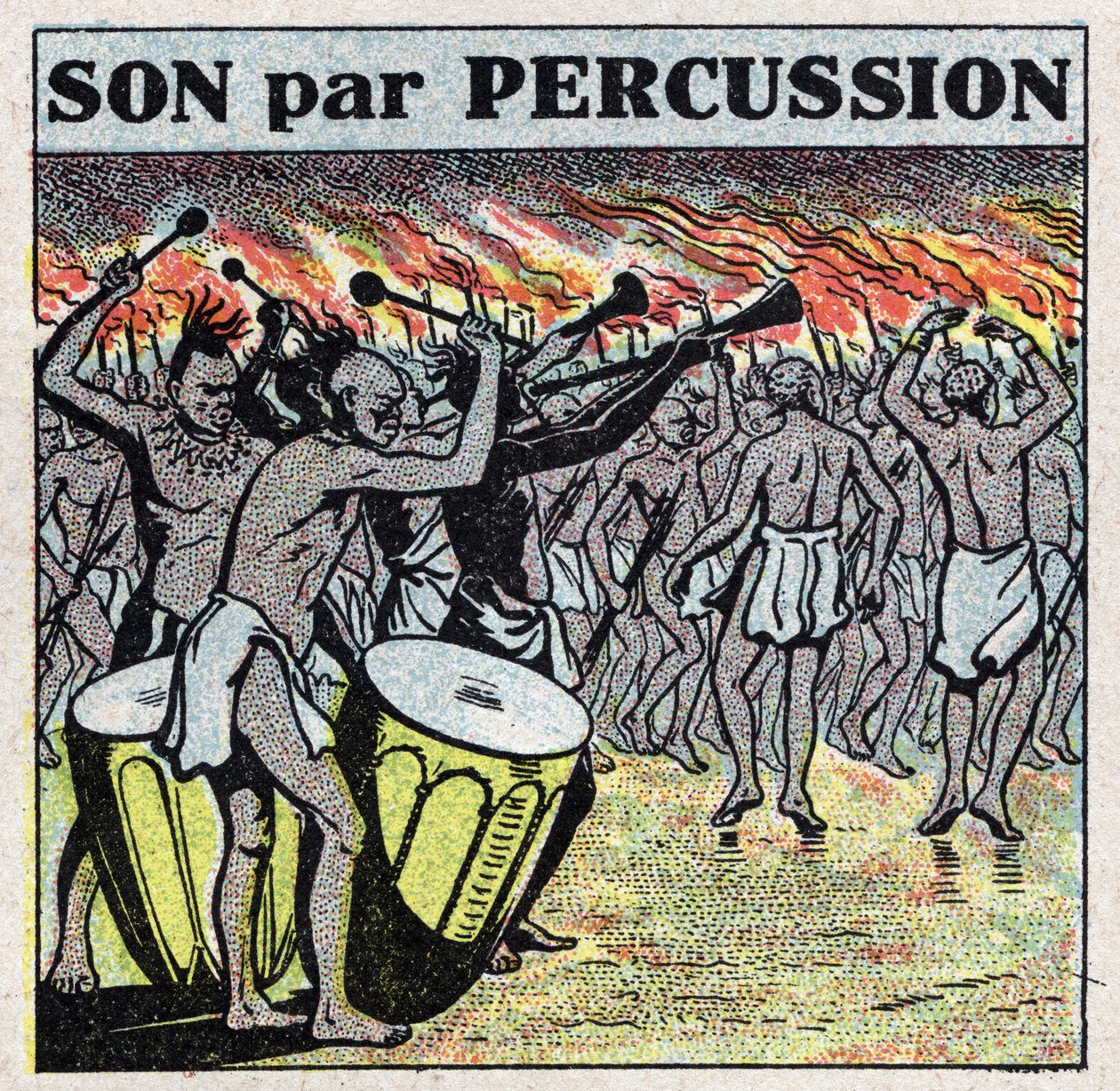 Musikinstrumenter: slagtøjsspillere i en afrikansk landsby. Anonym illustration fra 1925. Privat samling. af Anonymous Anonymous