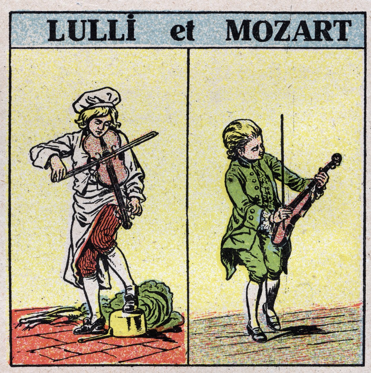 Musikinstrumenter: gnidede strengeinstrumenter. Jean Baptiste Lully (Giovanni Battista Lulli) (1632-1687) og Wolfang Amadeus Mozart (1756-1791) spiller violin. Anonym illustration fra 1925. Privat samling. af Anonymous Anonymous
