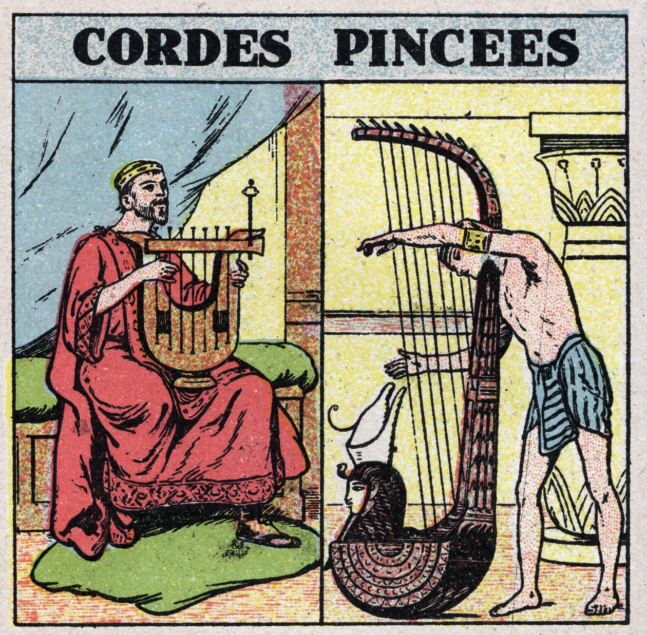 Musikinstrumenter: strengeinstrumenter fastspændt. Lyre- og harpespillere i Antiquite. Anonym illustration fra 1925. Privat samling. af Anonymous Anonymous
