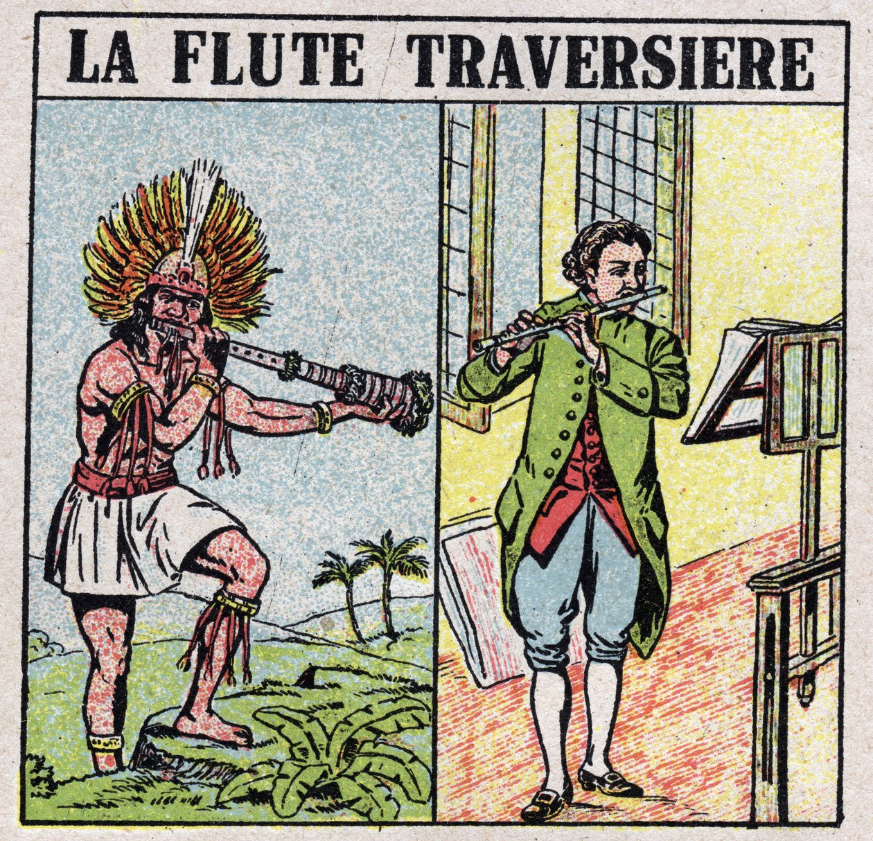Musikinstrumenter: blæseinstrumenter. Tværfløjtespillere, på inkaernes tid og har en nyere æra. Anonym illustration fra 1925. Privat samling. af Anonymous Anonymous