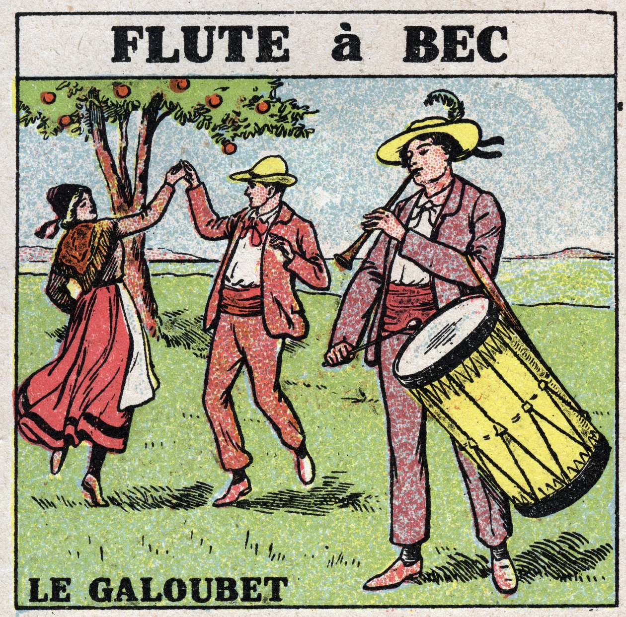 Musikinstrumenter: blæseinstrumenter. Galubetspiller (fløjte et næb). Anonym illustration fra 1925. Privat samling. af Anonymous Anonymous