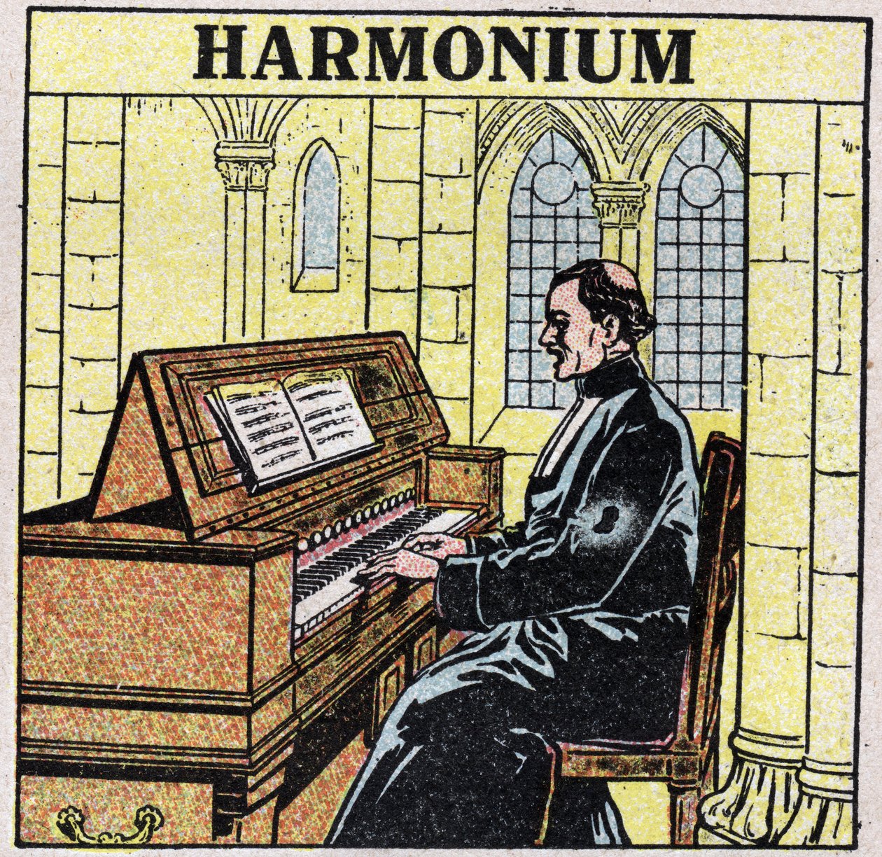 Musikinstrumenter: blæseinstrumenter ved hoften. Harmoniumspiller i en kirke. Anonym illustration fra 1925. Privat samling. af Anonymous Anonymous