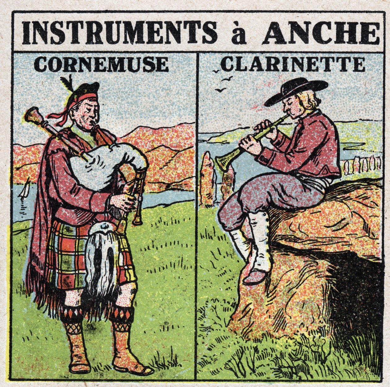 Musikinstrumenter: blæseinstrumenter ved hoften. Pibe- og klarinetspillere. Anonym illustration fra 1925. Privat samling. af Anonymous Anonymous