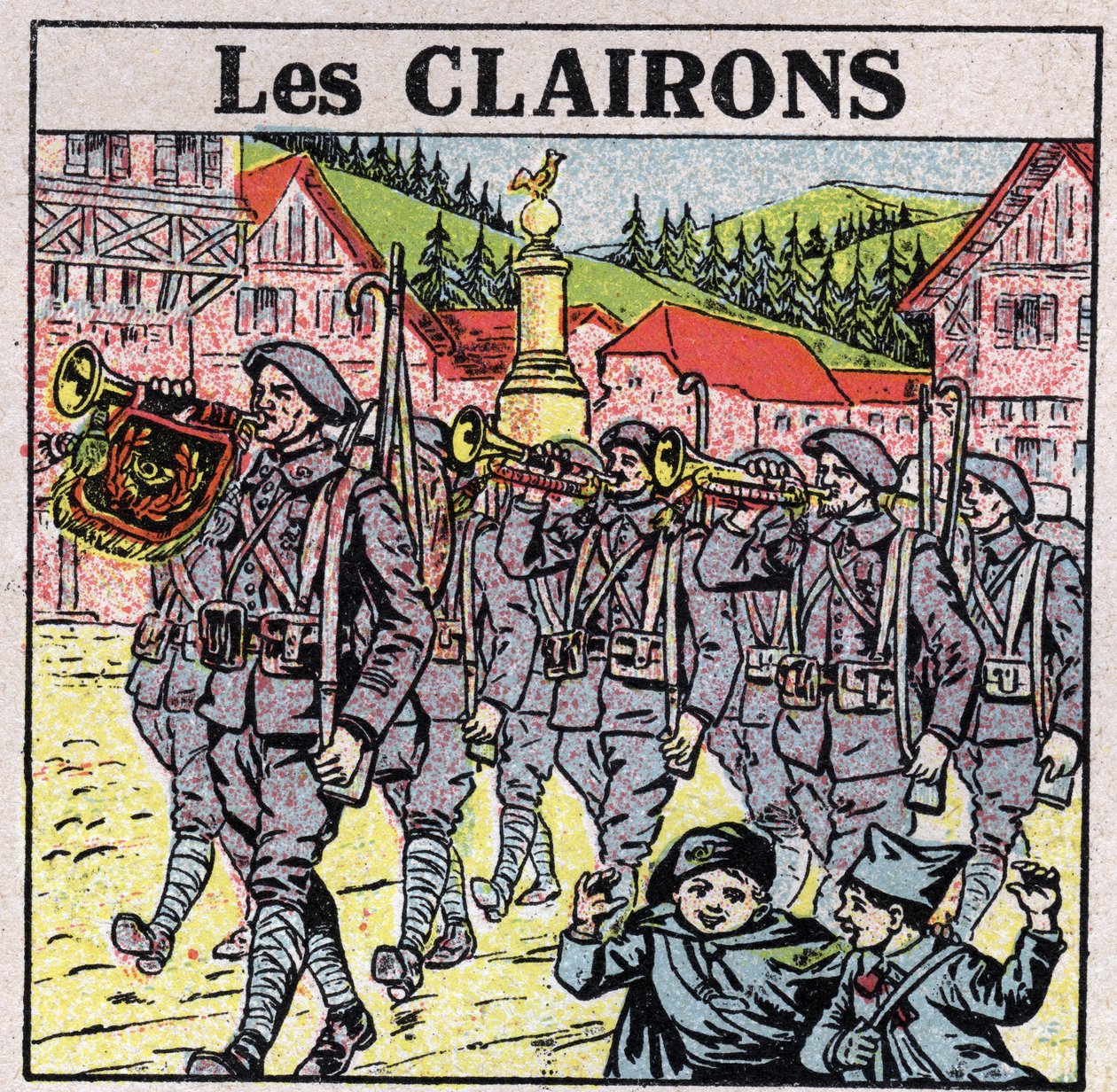 Musikinstrumenter: blæseinstrumenter med en krukkemund. Bugle-spillere under et militærløb. Anonym illustration fra 1925. Privat samling. af Anonymous Anonymous